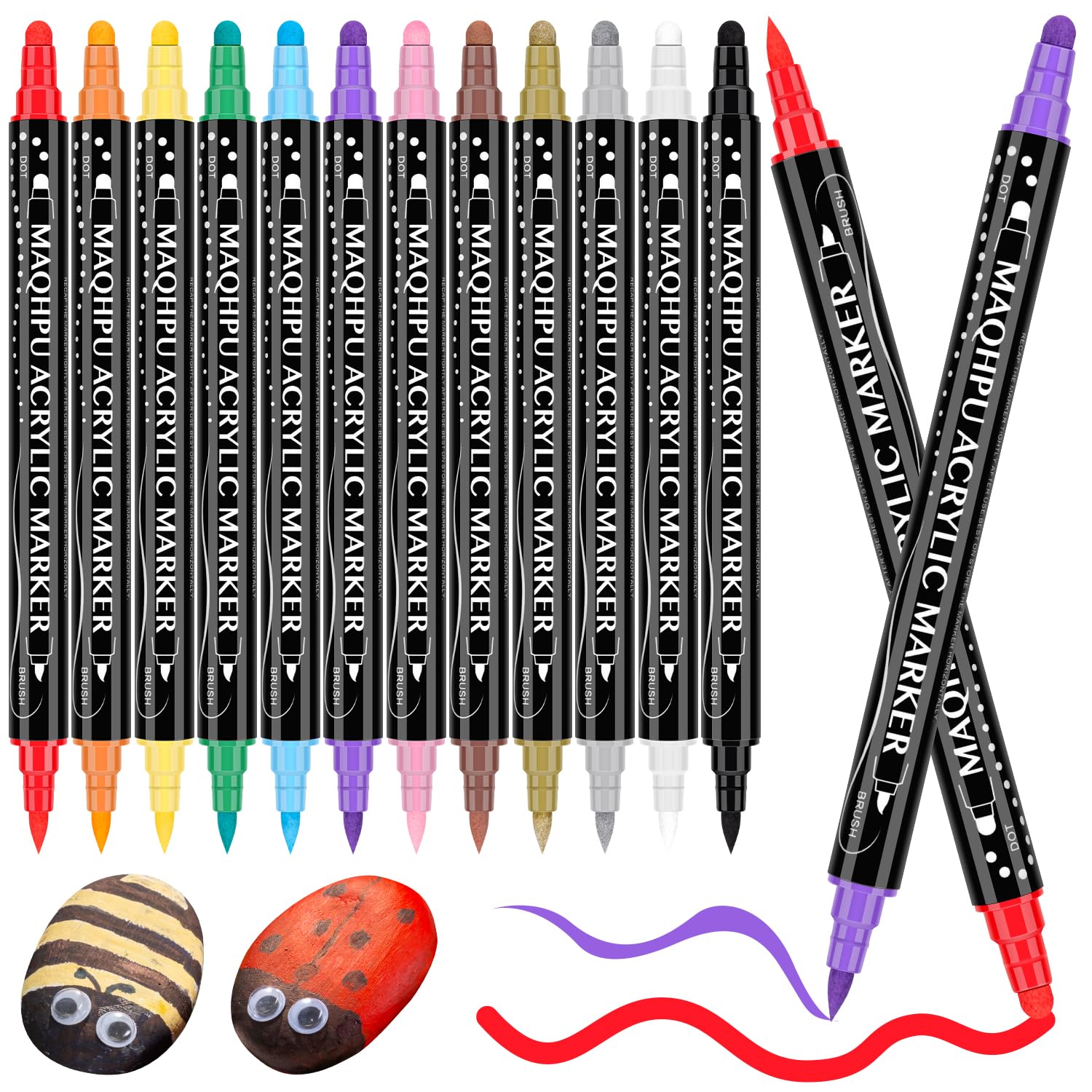 Maqhpu Acrylstifte für Steine Wasserfest, Steine Bemalen Stifte Set Kinder, 12 Farben Stifte Steine Bemalen, 0.5-5mm Dual Tip Acrylmarker für Holz, Glas, Keramik, Leinwand, Basteln Erwachsene Kinder