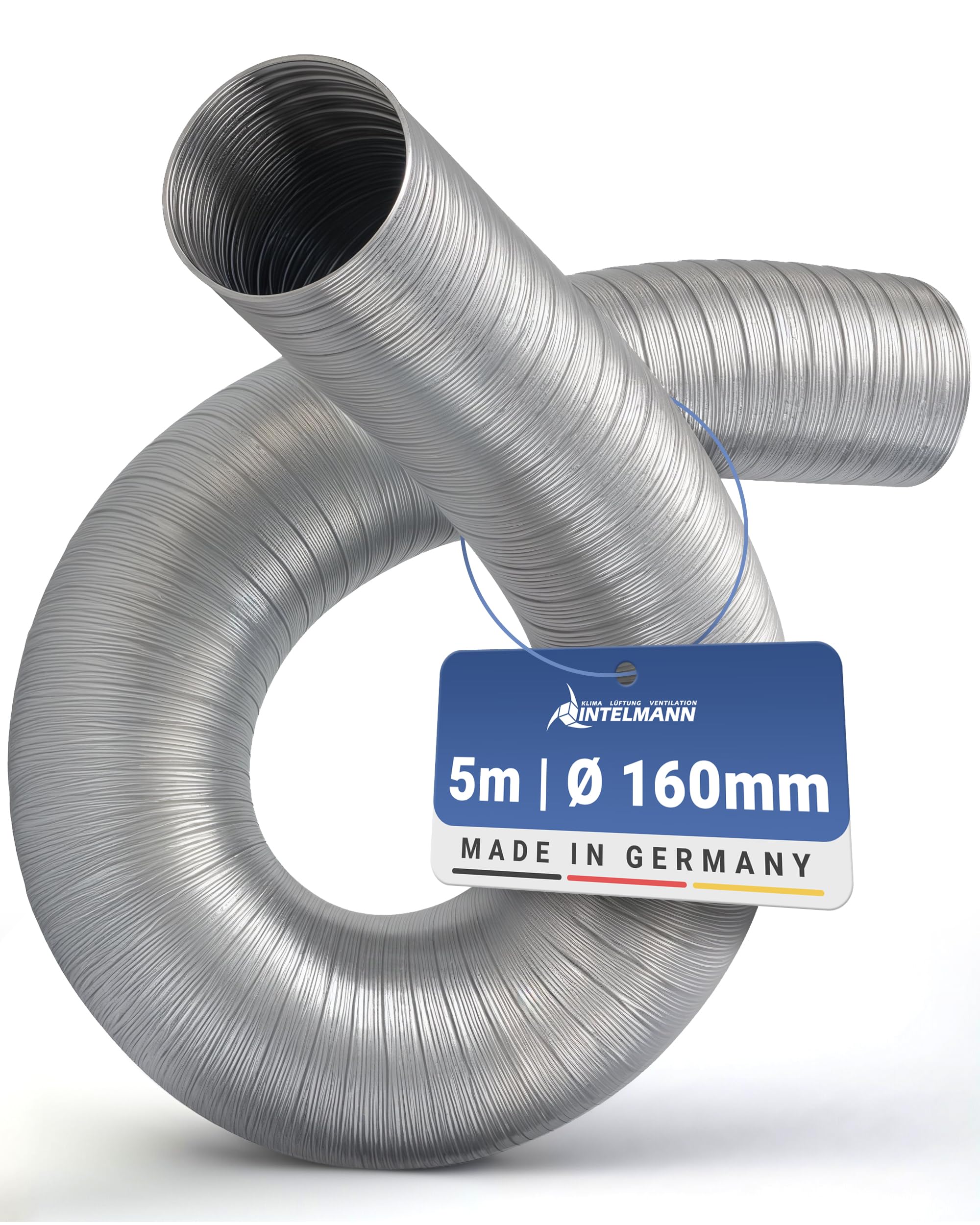 Intelmann® Alu-Flexrohr Ø 160 mm x 5 m – Lüftungsrohr aus Reinaluminium, flexibel, temperaturbeständig, Made in Germany