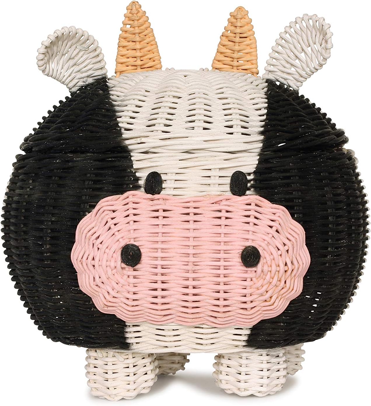 G6 COLLECTION Cow Rattan Storage Basket With Lid Decorative Bin Home Decor Hand Woven Shelf Organizer Cute Handmade Handcrafted Nursery Gift Animal Decoration Artwork Wicker Cow