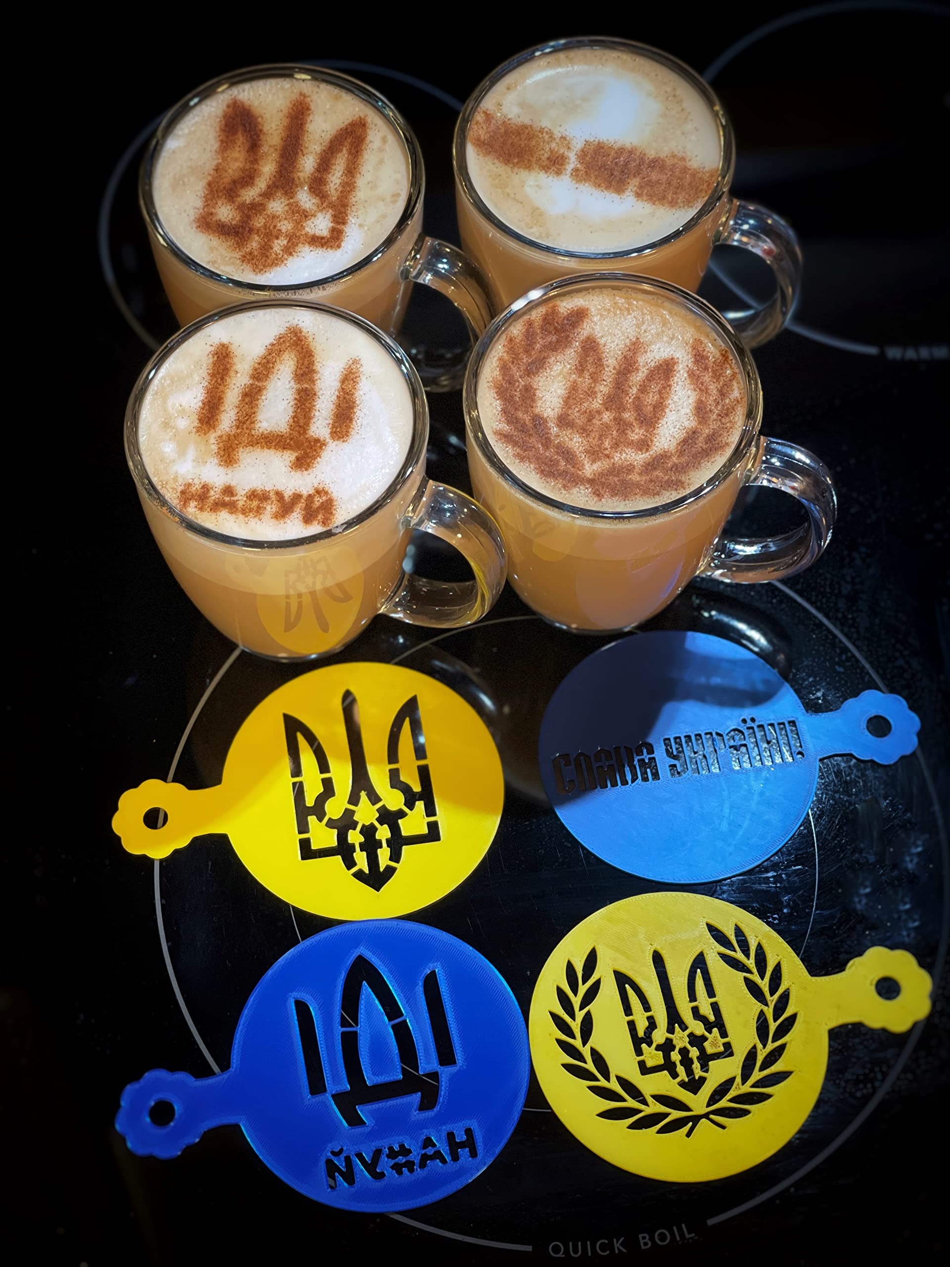 Support Ukraine Set of 4 Stencils for Pancakes, Bread, Cappuccino, Hot Cocoa & Hot Chocolate 3.5-Inch-Scale Produced by 3D Kitchen Art