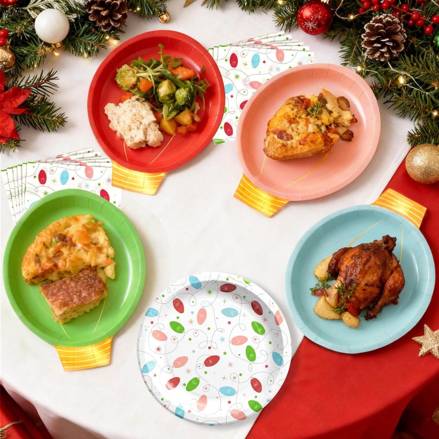 OuMuaMua 150Pcs Christmas Paper Plates and Napkins Set Disposable, Heavy Duty Christmas Light Bulb Design Party Supplies Serve 50, Fancy Disposable Dinnerware Set for Holiday Home Xmas Party Decor