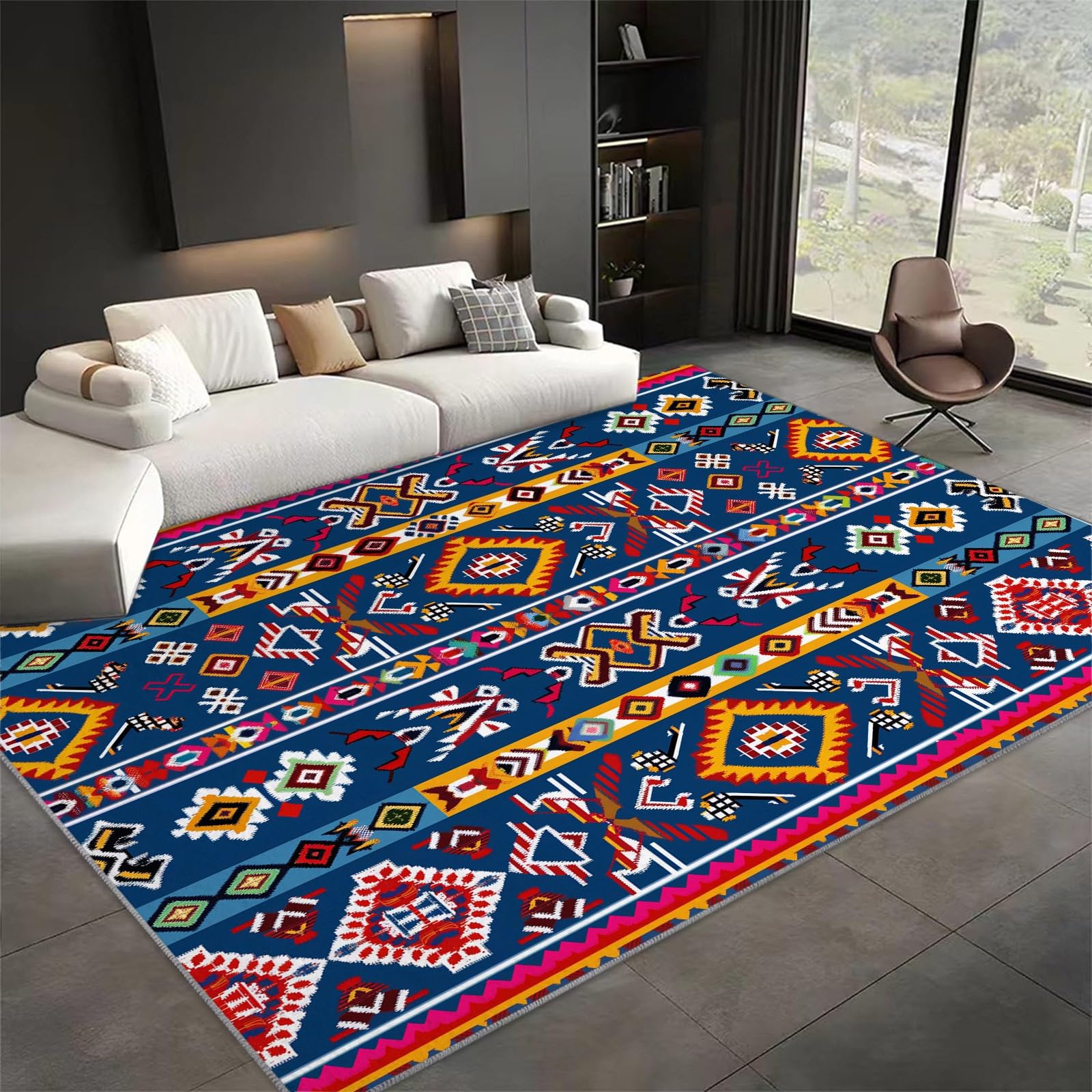 Tapis Salon 160x230cm Floral Géométrique Aztèque Tapis de Chambre Doux Moderne, Tapis Poils Ras Antidérapant, Tapis Rectangulaire, Moquette pour Enfants, Tapis De Couloir