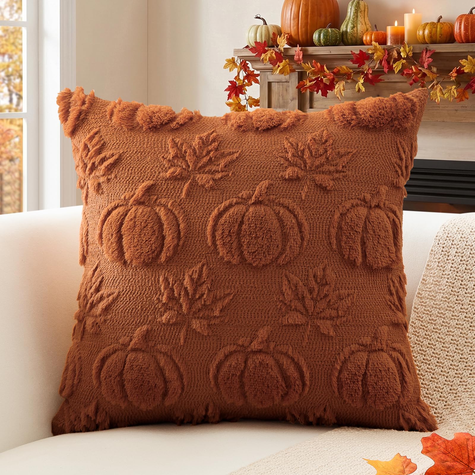 Sungeek Fall Cushion Covers 50x50cm, Pumpkin Maple Leaves Autumn Thanksgiving Decoration Throw Pillow Covers Farmhouse Soft Plush Faux Fur Pillow Case for Sofa Bedroom Living Room, Rust