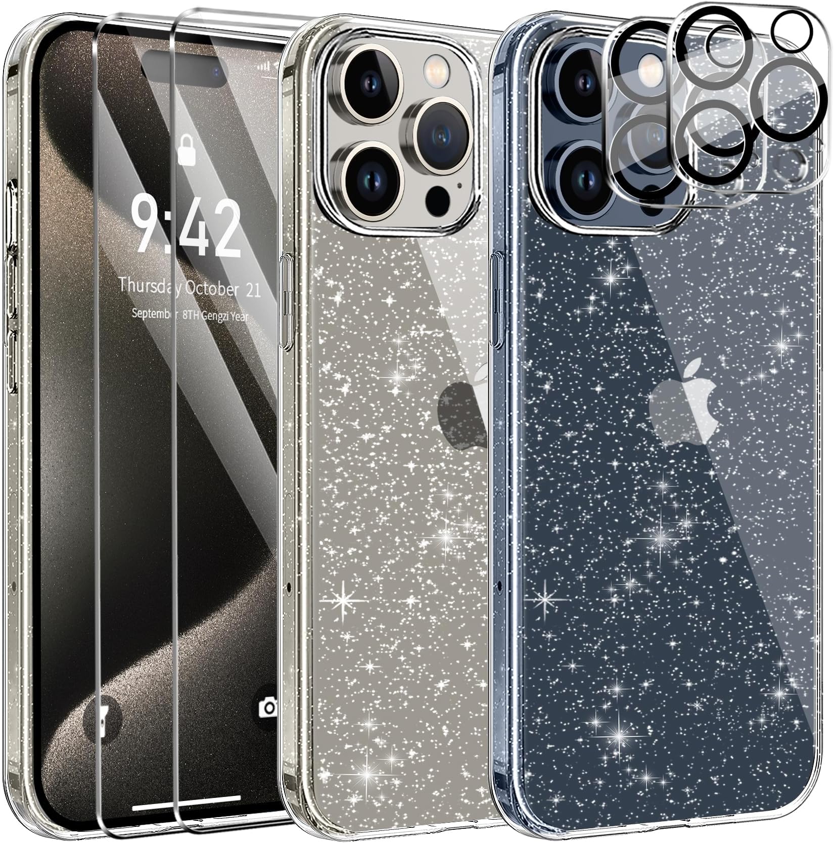 AROYI 5 in 1 Clear Glitter Case Compatible with iPhone 15 Pro Case with 2 Screen Protector and 2 Camera Lens Protector, Soft Bumper Sparkle Bling Women Girls Phone Case for iPhone 15 Pro 6.1"