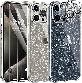 AROYI 5 in 1 Clear Glitter Case Compatible with iPhone 15 Pro Case with 2 Screen Protector and 2 Camera Lens Protector, Soft Bumper Sparkle Bling Women Girls Phone Case for iPhone 15 Pro 6.1"