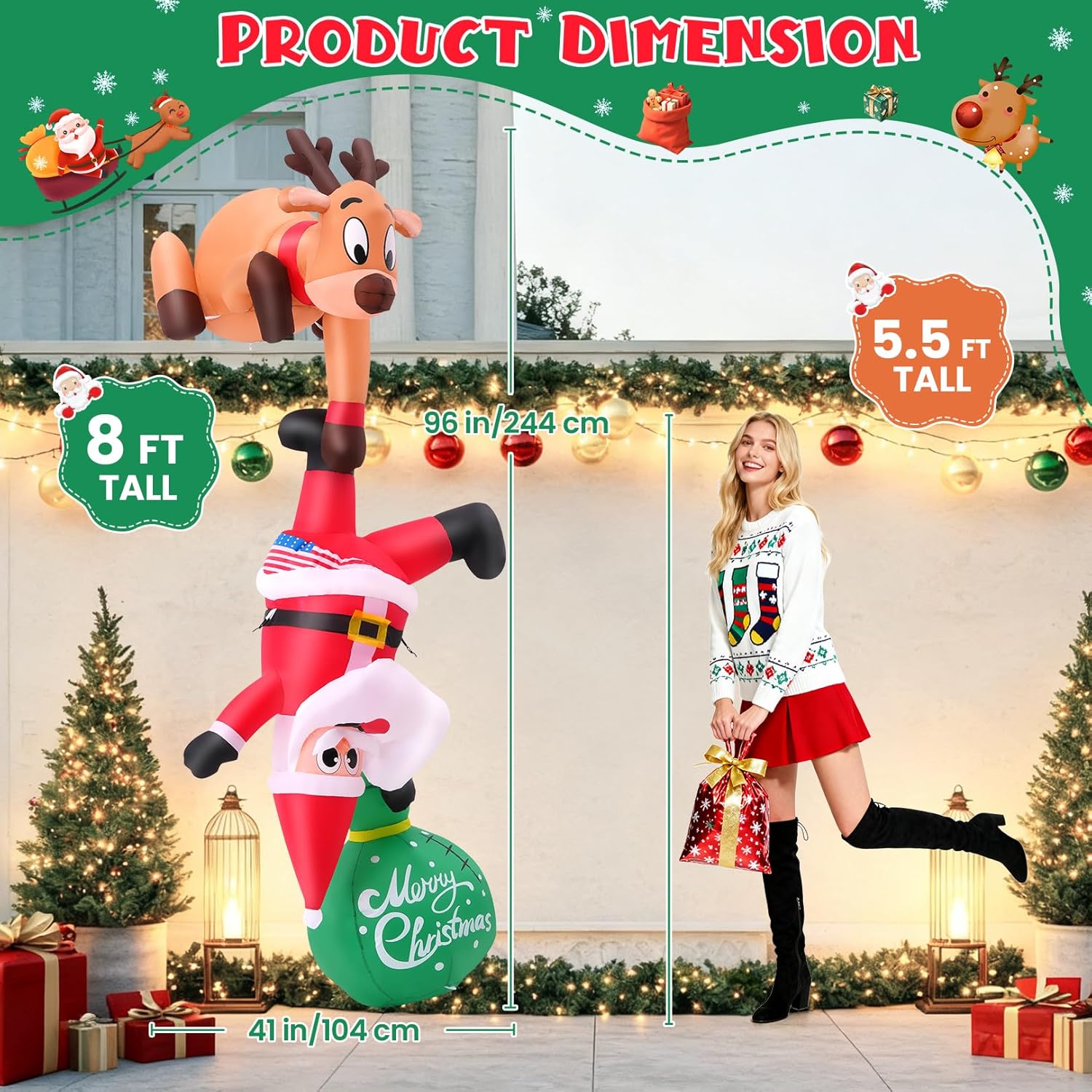 8FT Hanging Christmas Inflatables Outdoor Decorations, Funny Inflatables Reindeer Pulling Climbing Santa with Gift Bag, Xmas Blow Ups Inflatable with Built-in LEDs for Roof Window Tree Garden Party
