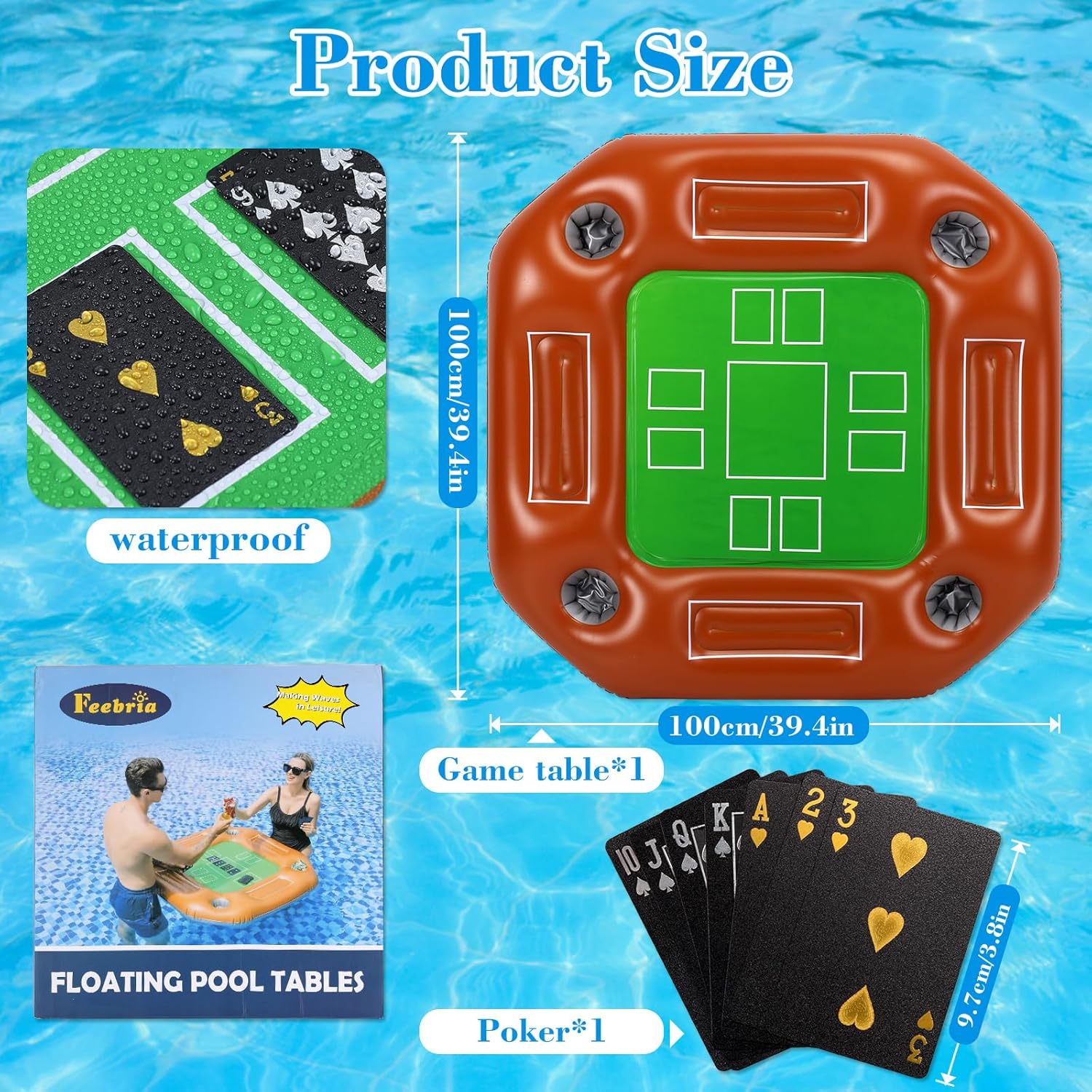 Floating Pool Game Table Double-Sided Design Poker-Style Top Drink Snack Tray, Durable PVC 39.3” for Pool Party Hot Tub Beach Gathering