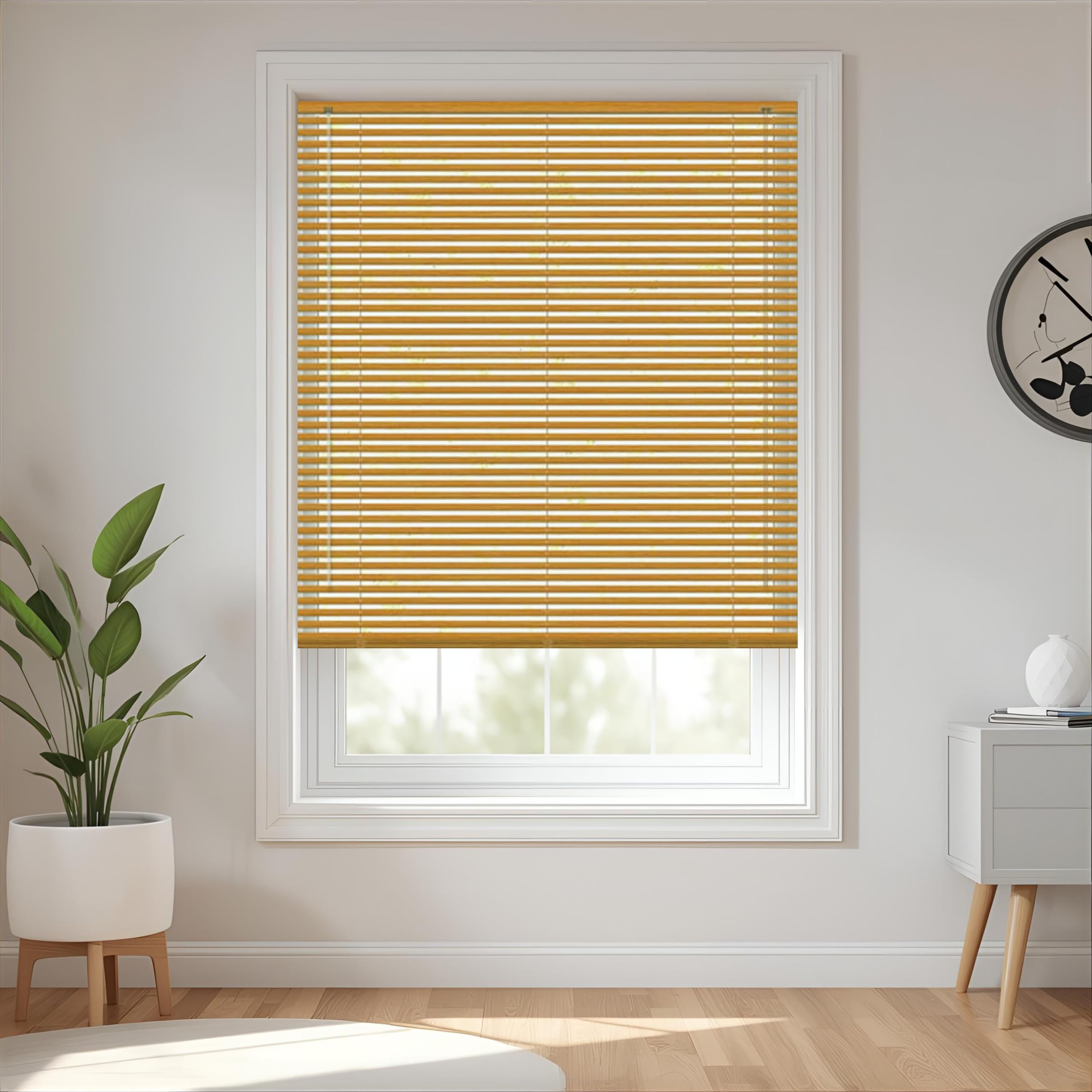 PVC woodgrain effect windows shutters for privacy home offices Blinds - Strong Trimmable Easy fit child safe window curtains - Teak colour - Width 170cm x Drop 213cm