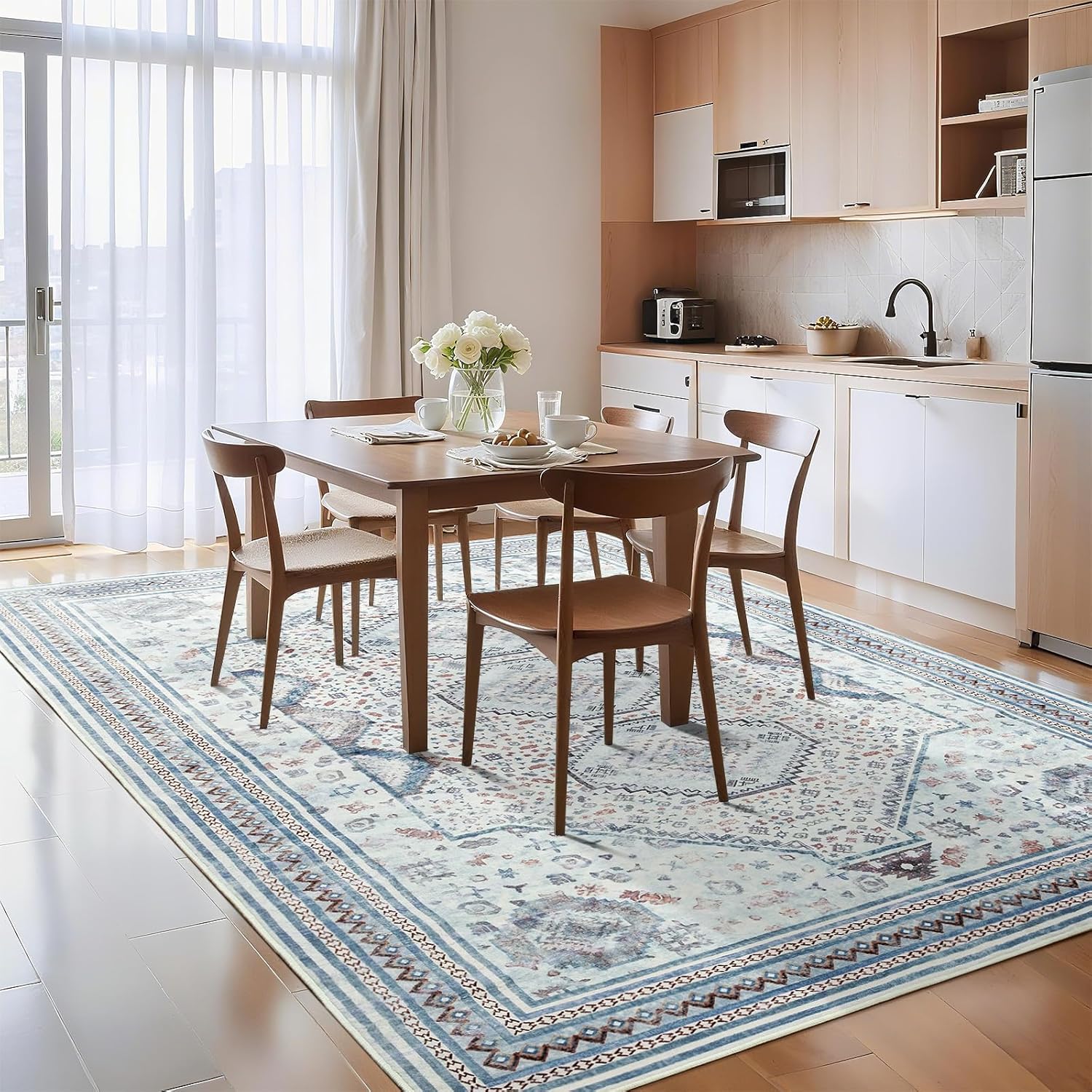 Maxsoft 8x10 Area Rugs for Living Room Bedroom, Large Vintage Prints Low-Pile Washable Rug with Non-Slip Backing, Soft Thin Throw Carpet for Dining Room Classroom Dorm Home Decor, Beige Blue