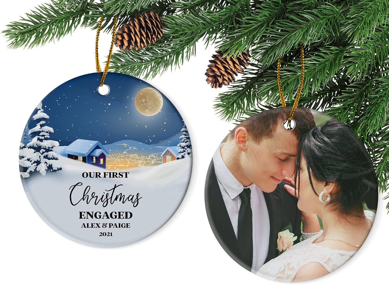 Our First Christmas Engaged 2022, Personalized Name Newly Married Ceramic Ornament, Custom Photo Ornament, Gift for Lover, Xmas Tree Ornaments Hanging Accessories, Customized Gift for Family