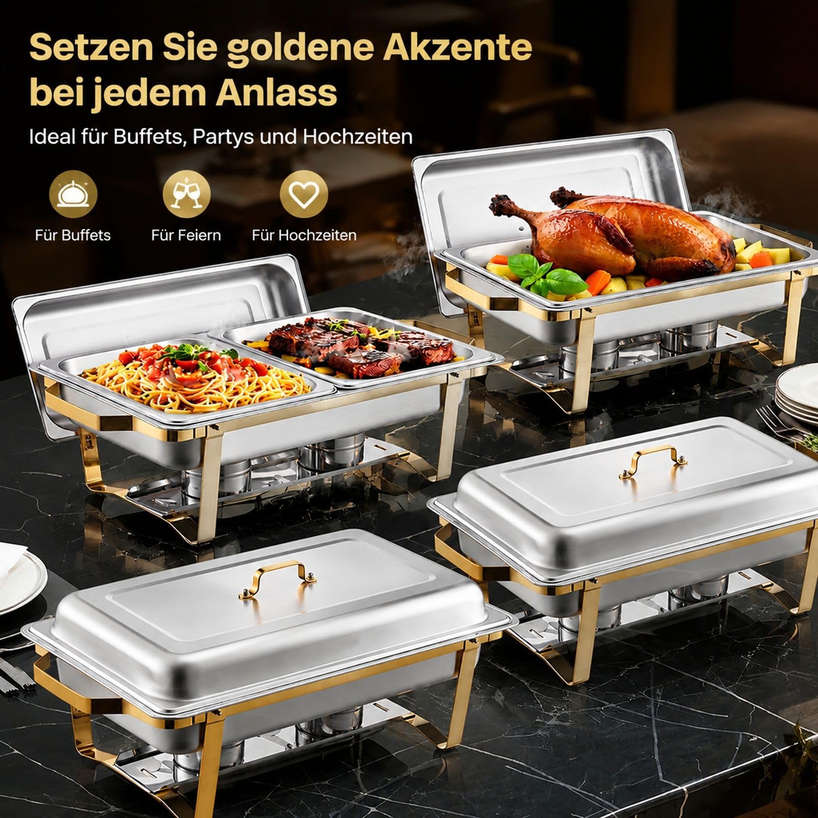 Rechteckiger Chafing Dish 4-teilig 7,5 L aus Edelstahl in Goldoptik für Buffet und Hotel