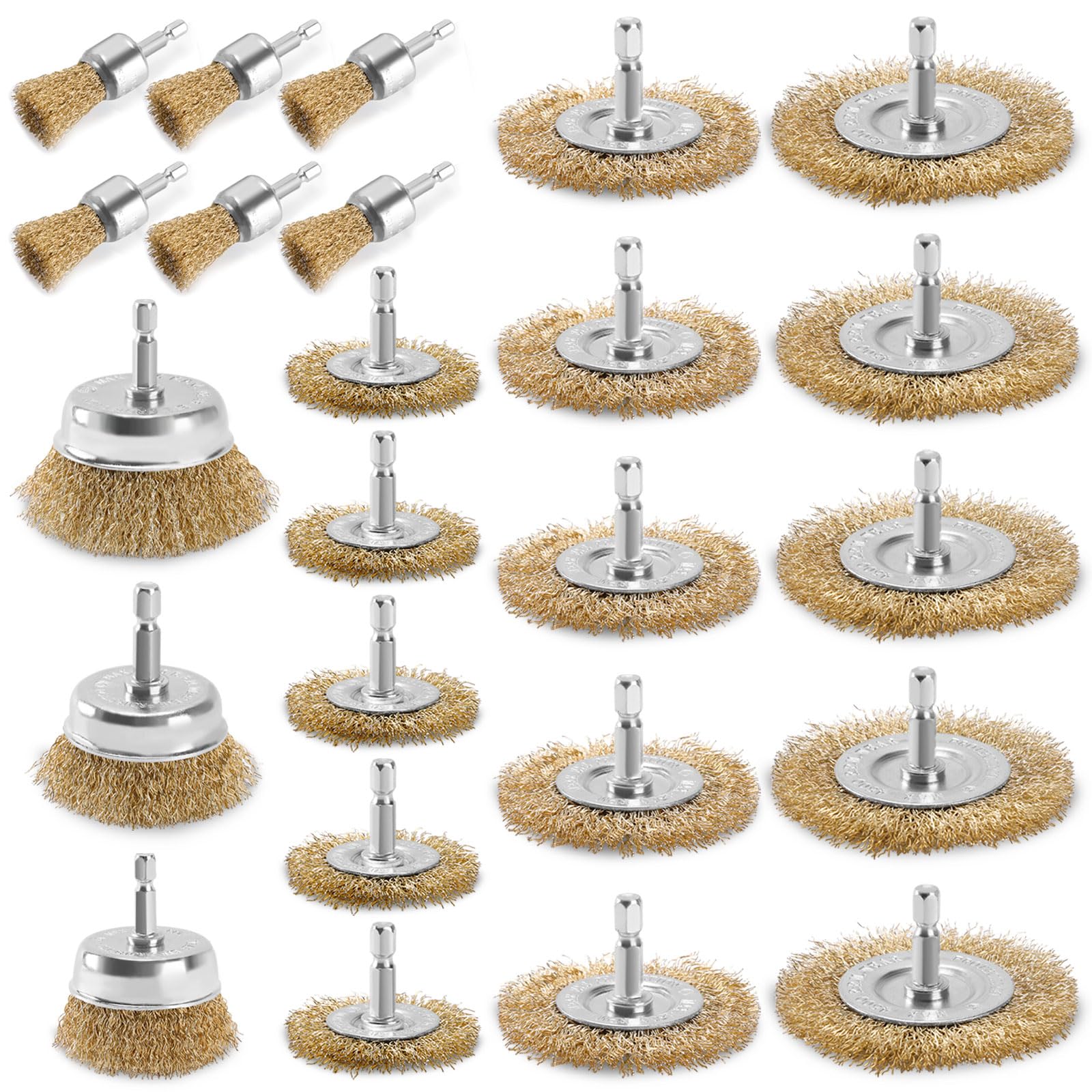 POLIWELL 24 Pack Wire Wheel Brush for Drill, Carbon Steel Bristles Wire Cup Brush Set Coarse Crimped Abrasive Brass Coated Brushes with 1/4 Inch Hex Shank for Rust Removal, Corrosion, Paint Cleaning