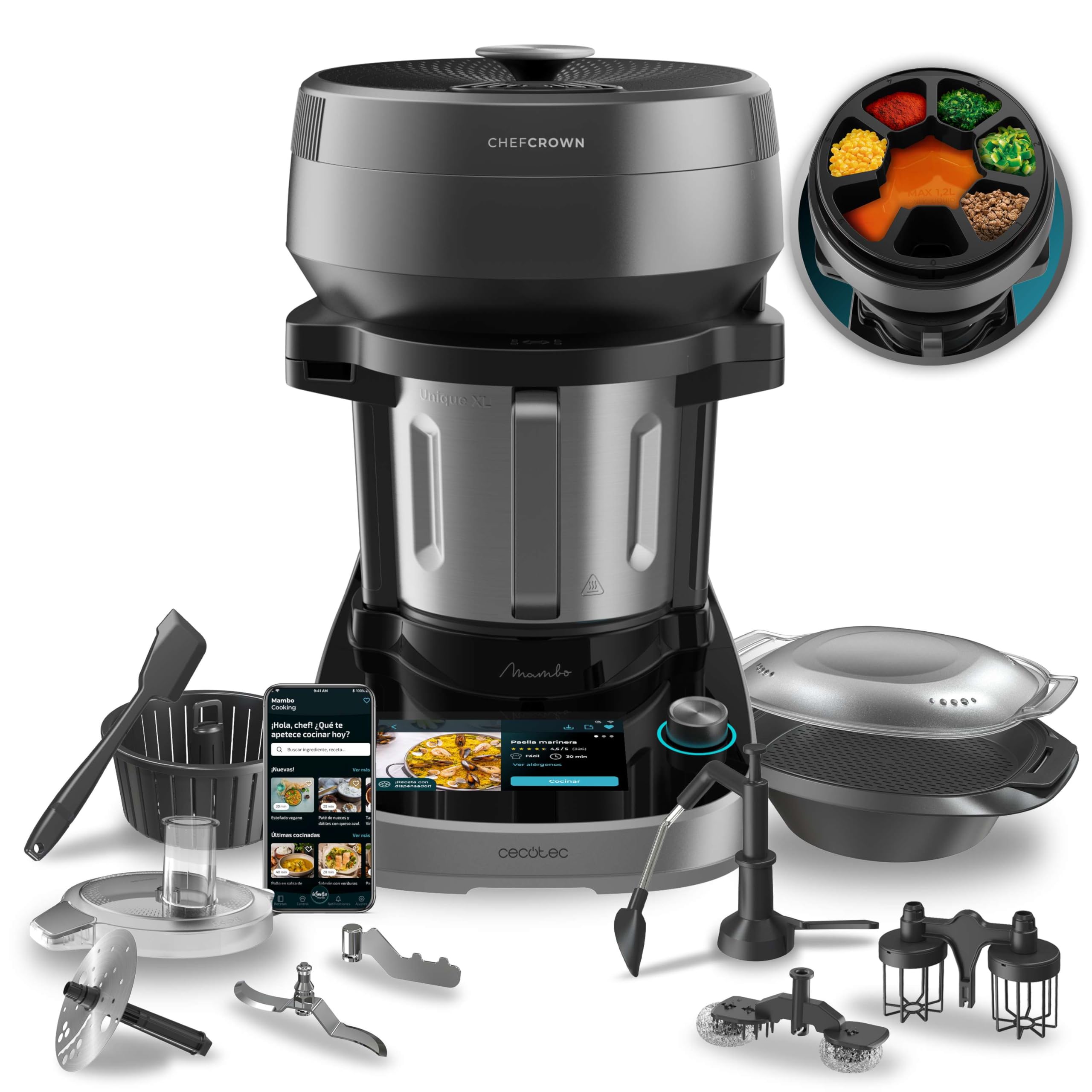Cecotec Robot de Cocina Multifunción con Dispensador de Alimentos Mambo CooKing Unique. 2200W, 45 Funciones, Miles de Recetas Guiadas, Jarra Unique de 4,​5L, Accesorios: Vaporera o Pala para Guisos