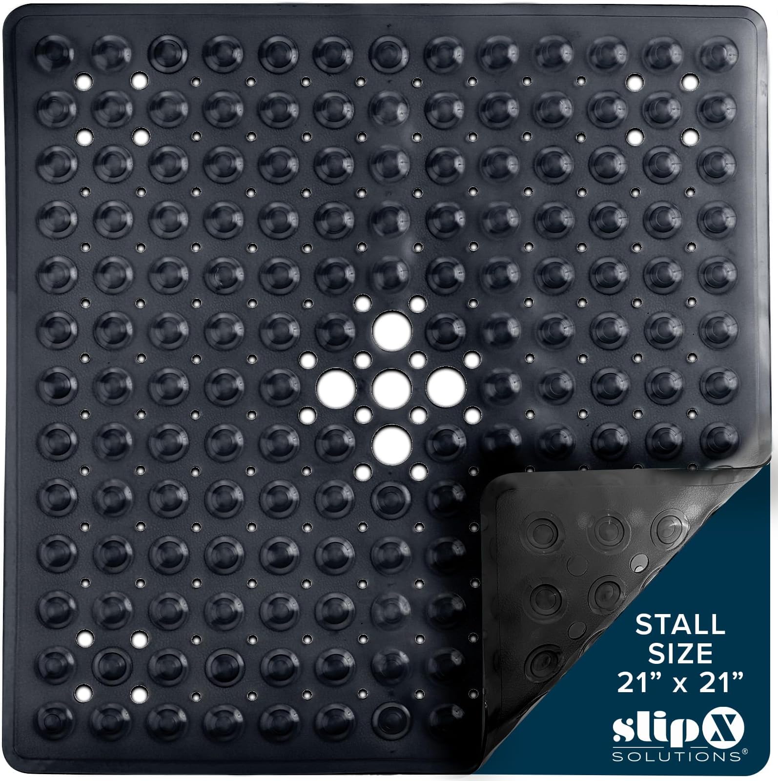 Essential Square Shower Mat, 21"x21", Grippy Textured Surface, 25% Stronger Suction Cups, Non-Slip Shower Floor Mat for Bathers of All Ages, Fits Standard Shower Stalls & Tubs, Black