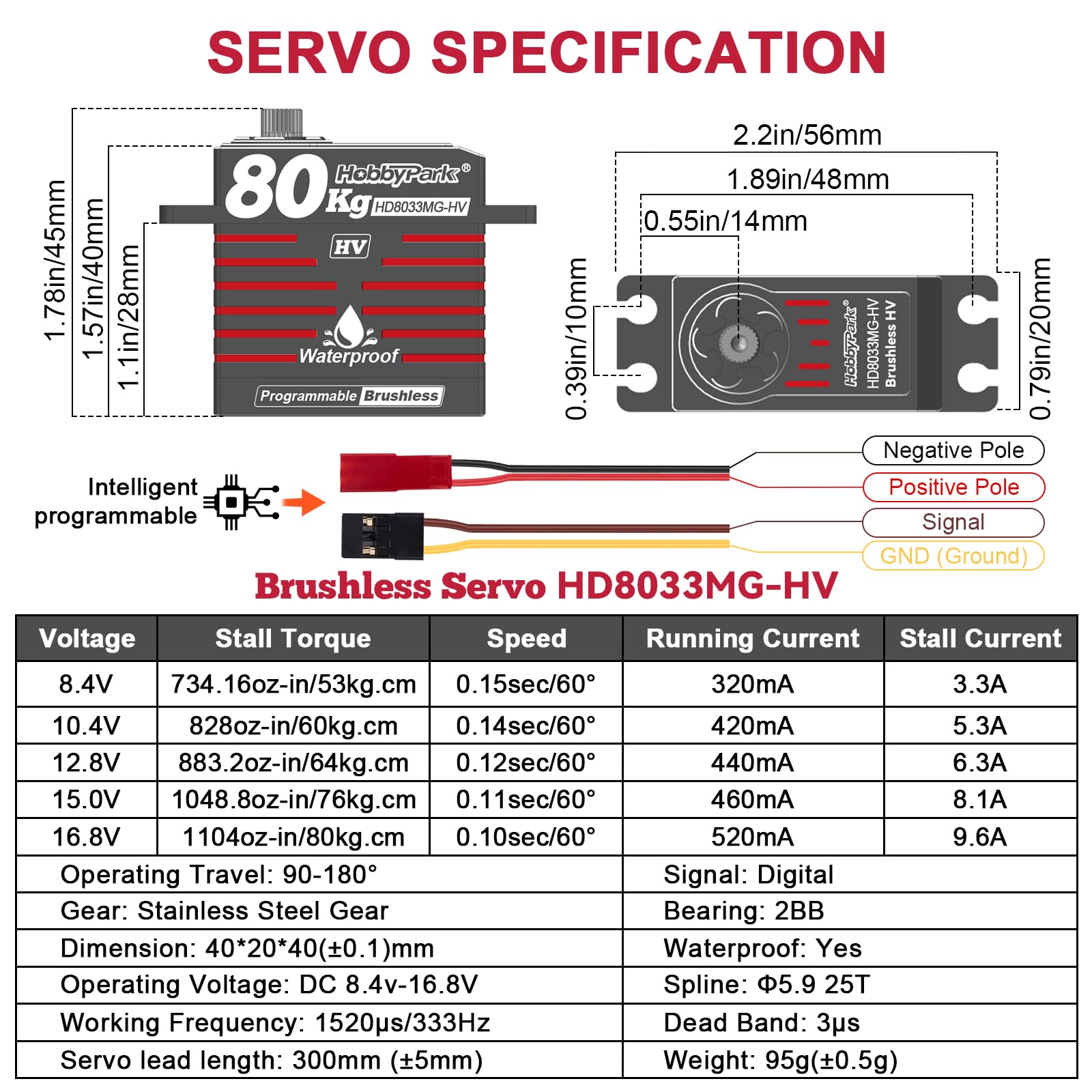 HobbyPark Servo RC ad alta coppia impermeabile ad alta potenza diretta da 80 kg Servo standard Brushless Motor Ingranaggi in metallo Servi sterzo ad alta velocità HV 8.4-16.8V 180 ° per Traxxas Axial
