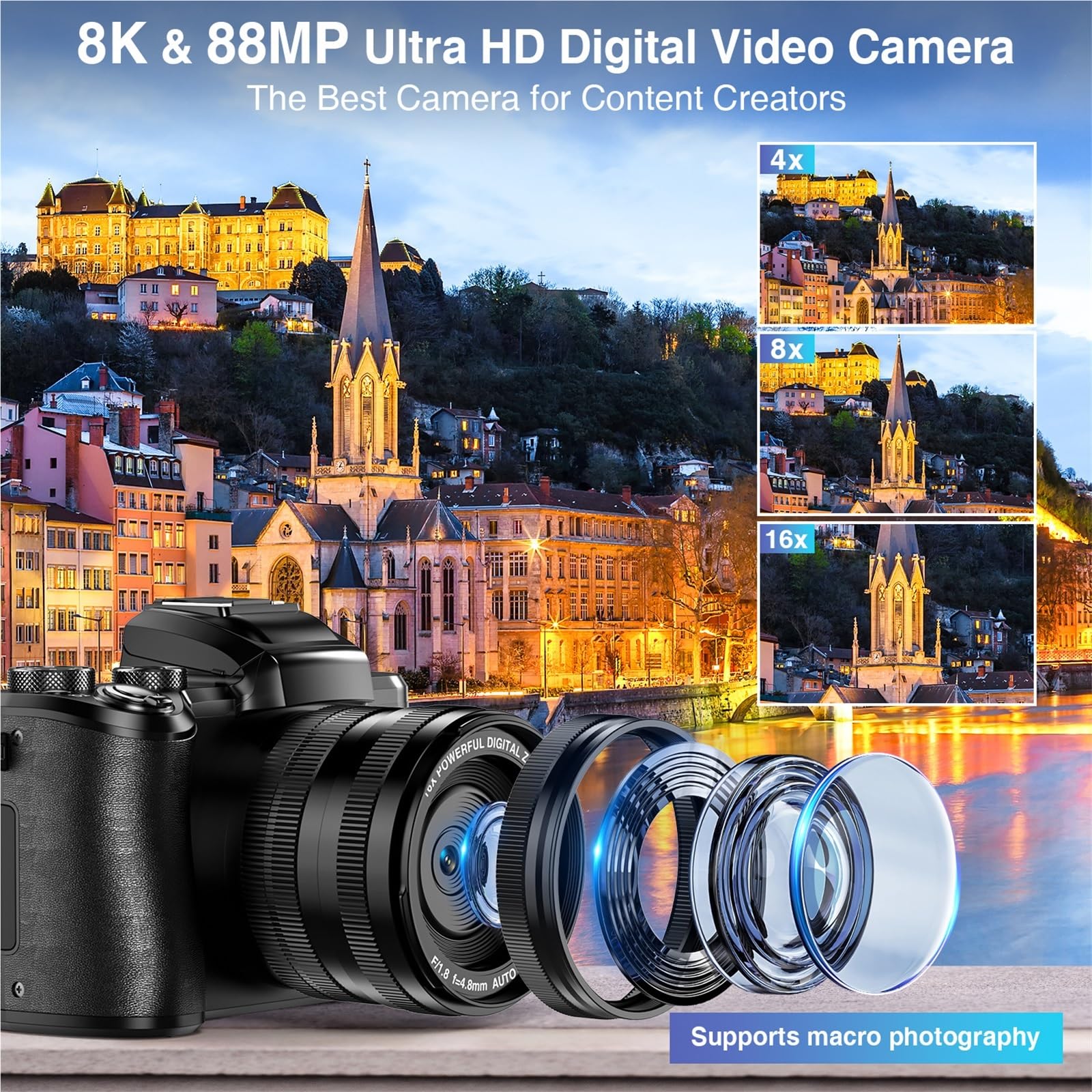 Fotocamere digitali 8K con messa a fuoco automatica, fotocamera professionale WiFi da 88 MP fotografica zoom digitale 16X a doppio obiettivo touch screen Leggero