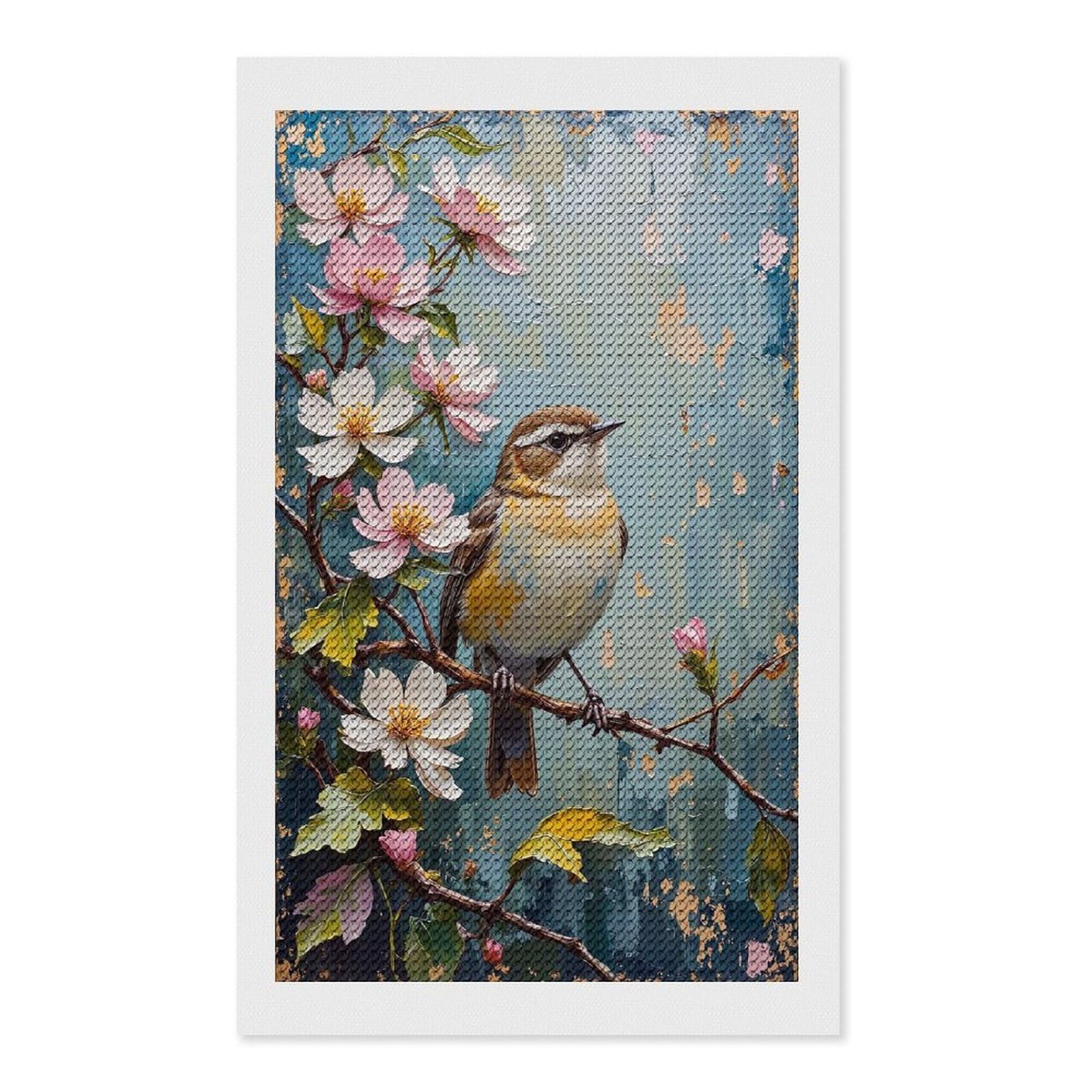 Junmoney Bird on Branch with Blossoms Painting DIY Diamond Art Canvas Kit 12"x20", Complete Accessories, Creative Leisure Activity, Home Wall Decor, Gift Idea
