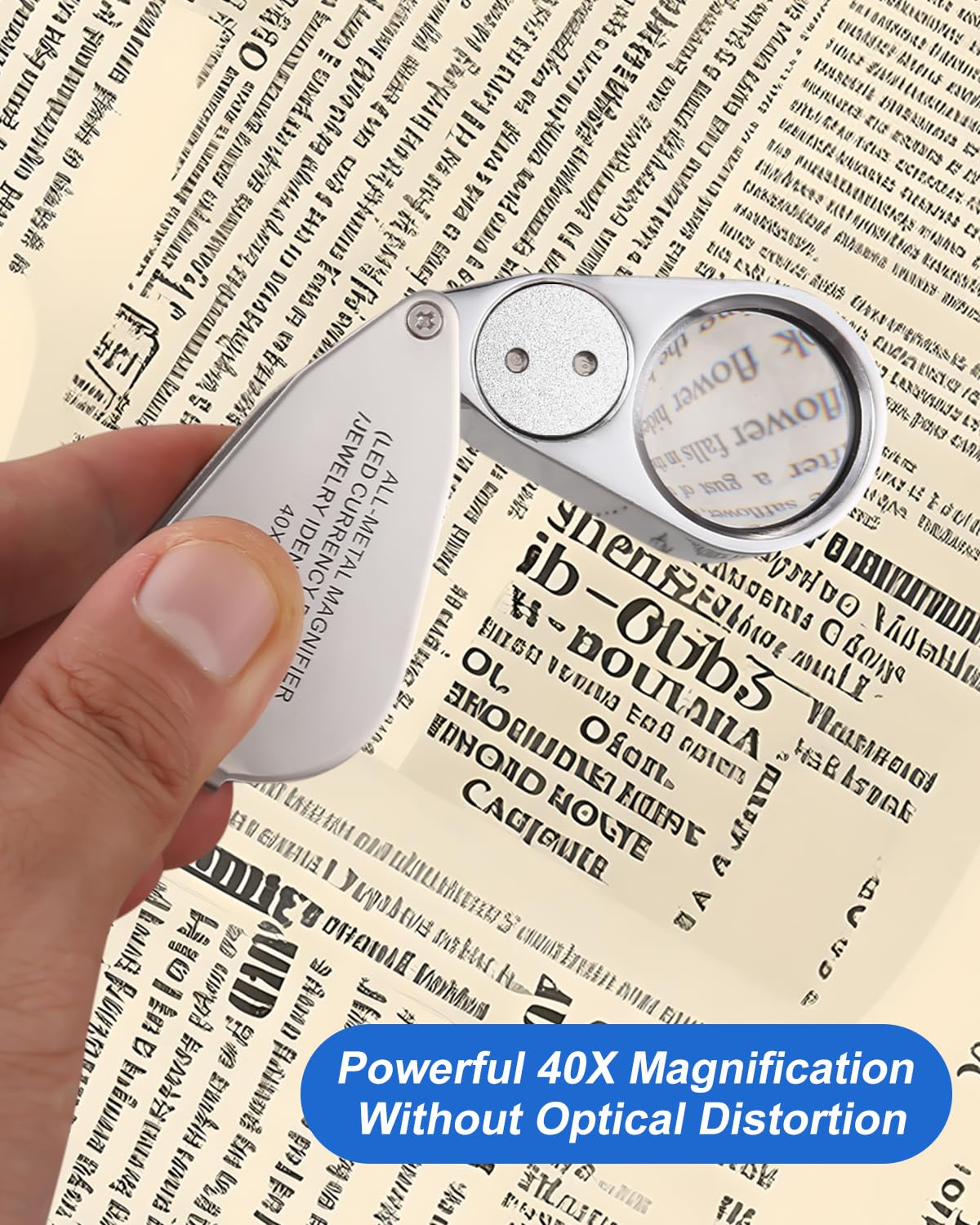 Lupa jubilerska LED, powiększenie, 40x, lupa jubilerska do kamieni szlachetnych ze światłem UV, składana lupa, metalowa, składana, do biżuterii, monet, zegarków, banknotów, znaczków pocztowych
