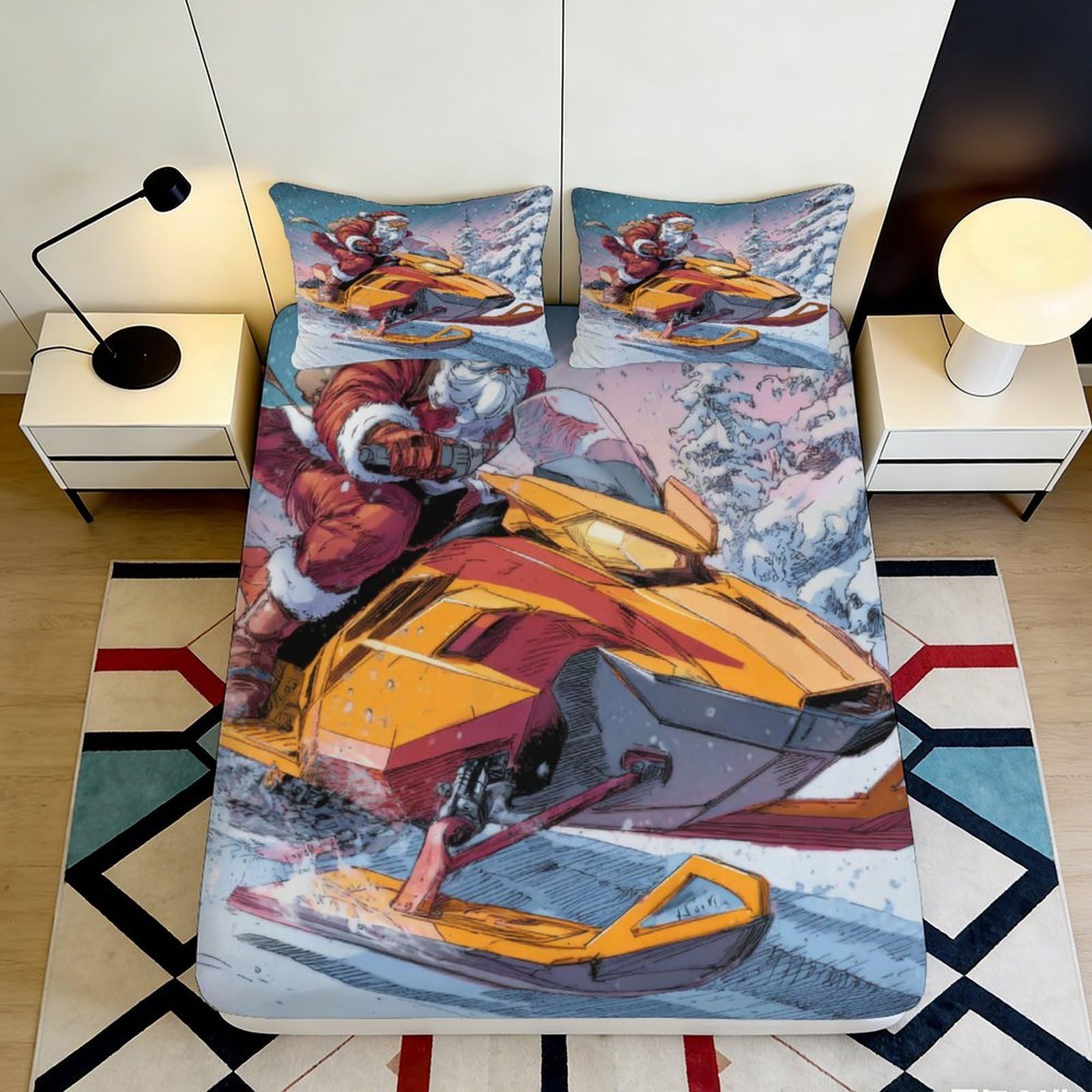 Pnayamiorkfel Style-2 3D Printed Santa Snowmobile Fitted Sheet Microfiber Soft Decorative Christmas Bed Sheet For Bedroom Dorm Decor 90X200x25cm