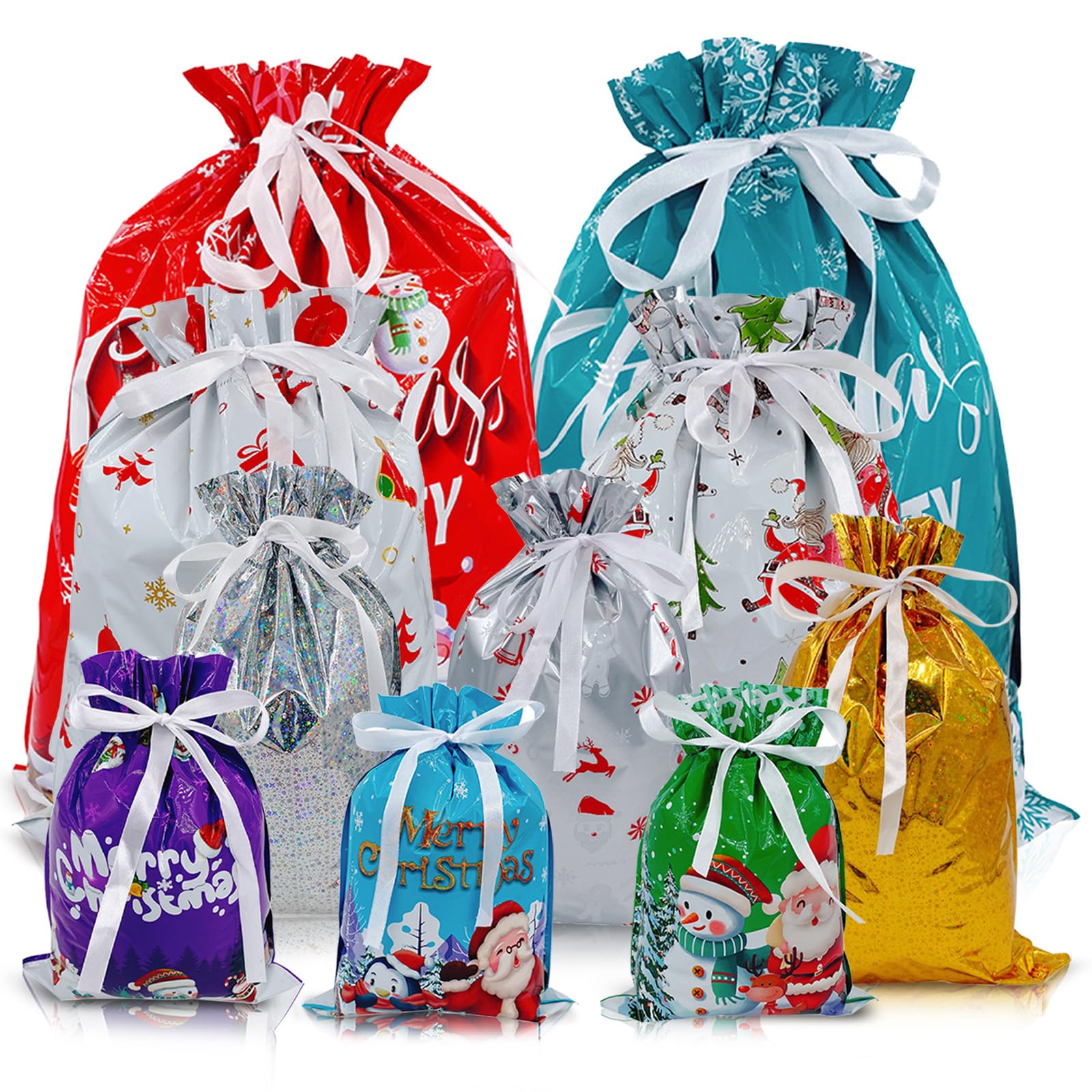 10Pcs Christmas Drawstring Gift Bags,Christmas Wrapping Bag Multipack,Xmas Pull String Bags Reusable Wonder Wrap Bags Present Sacks,Large Medium Small Foil Gift Bags for Present Xmas Party Decorations