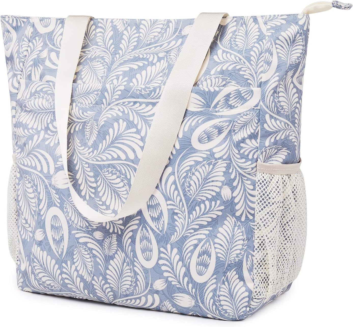 Floral Beach Tote Water-resistant Beach Bag Large Shoulder Bag for Yoga Travel with Multi Pockets (Blue Leaf)