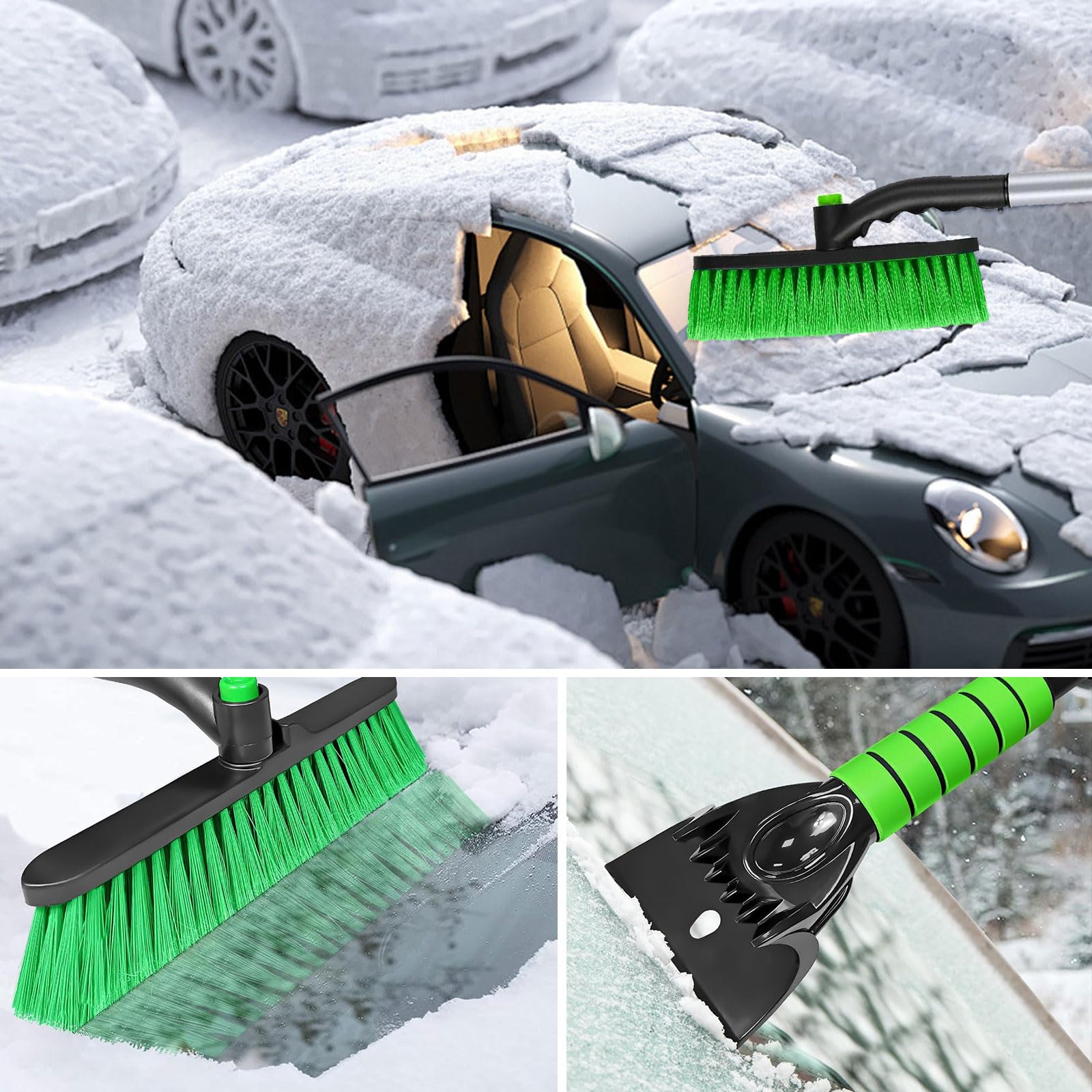 Raschietto Ghiaccio Auto 3 in 1, Spazzola Neve Telescopica Girevole 360°, Spatola Ghiaccio per Vetri Auto, Raschiaghiaccio Ergonomico Verde