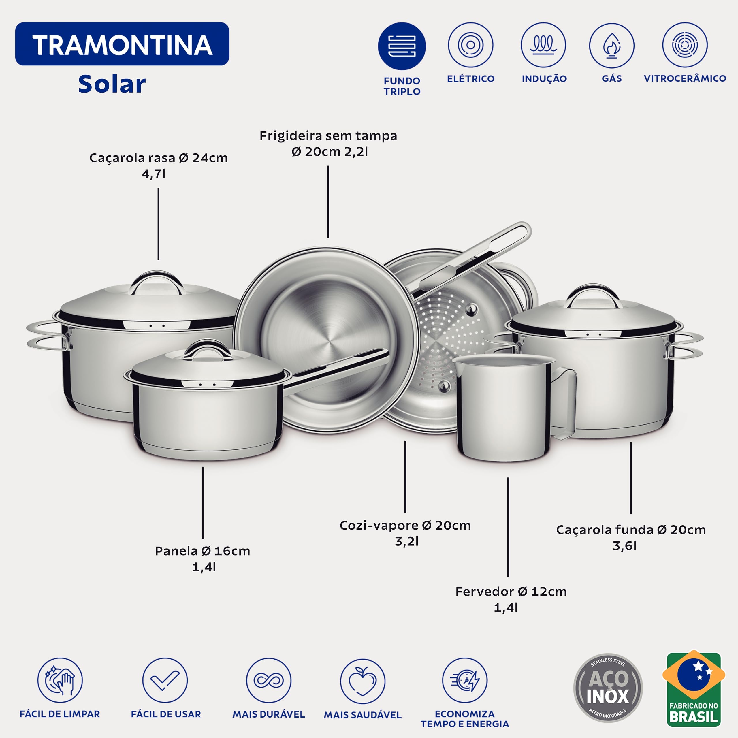 Tramontina Set di Pentole Solar da 6 Pezzi in Acciaio Inox con Base Tri-Ply