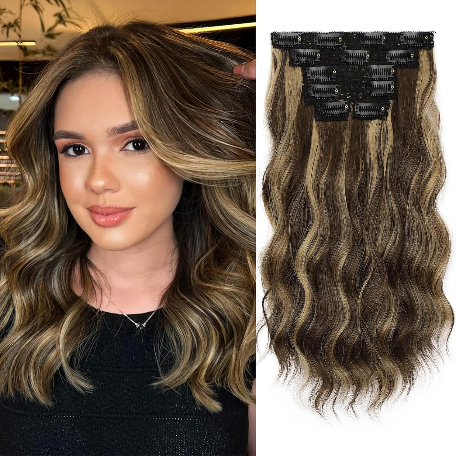 KooKaStyle Clip in Hair Extensions 6PCS Short Synthetic Hair Extensions Soft Wavy Curly Hairpieces for Women 14Inch(Balayage Chocolate Brown to Caramel Blonde)