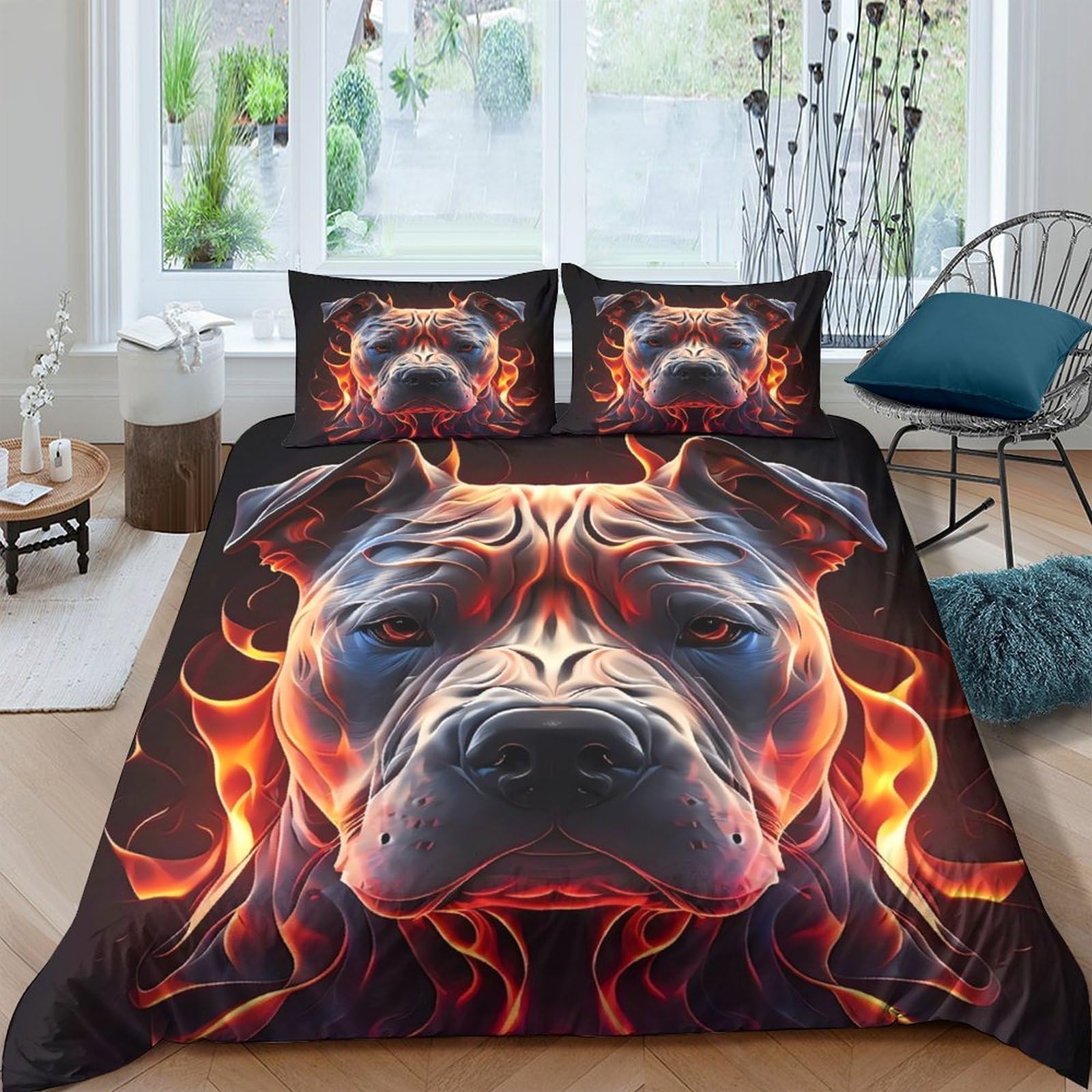 GPLZQXKJNH 3D Printed Fire Pitbull Duvet Cover Set Microfiber Soft Breathable Flame Dog Bedding Set with 2 Pillowcases for Bedroom Decor Single（135x200cm）