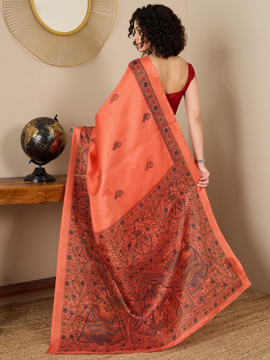 SAREE MALL Women's Orange Tussar Silk Madhubani Printed Ready To Wear one Minute Saree With Unstitched Blouse (RTWFF0MDB8404E_HS)