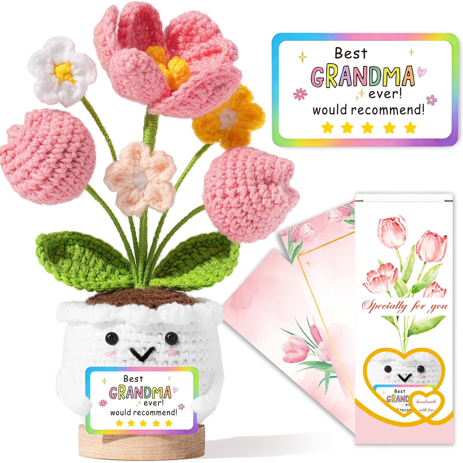 XIESUNUN for Grandma Positive Tulip Flower Emotional Support Crochet - Best Grandma Ever Would Recommend - Birthday for Grandmother Nana from Granddaughter Grandson