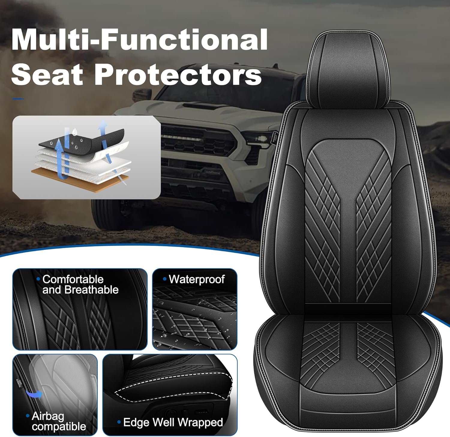 Seat Covers Full Set Compatible with 2024 2025 2026 Toyota Tacoma Double Crew Cab Waterproof Leather Seat Protectors Custom Fit for Trucks (Black)