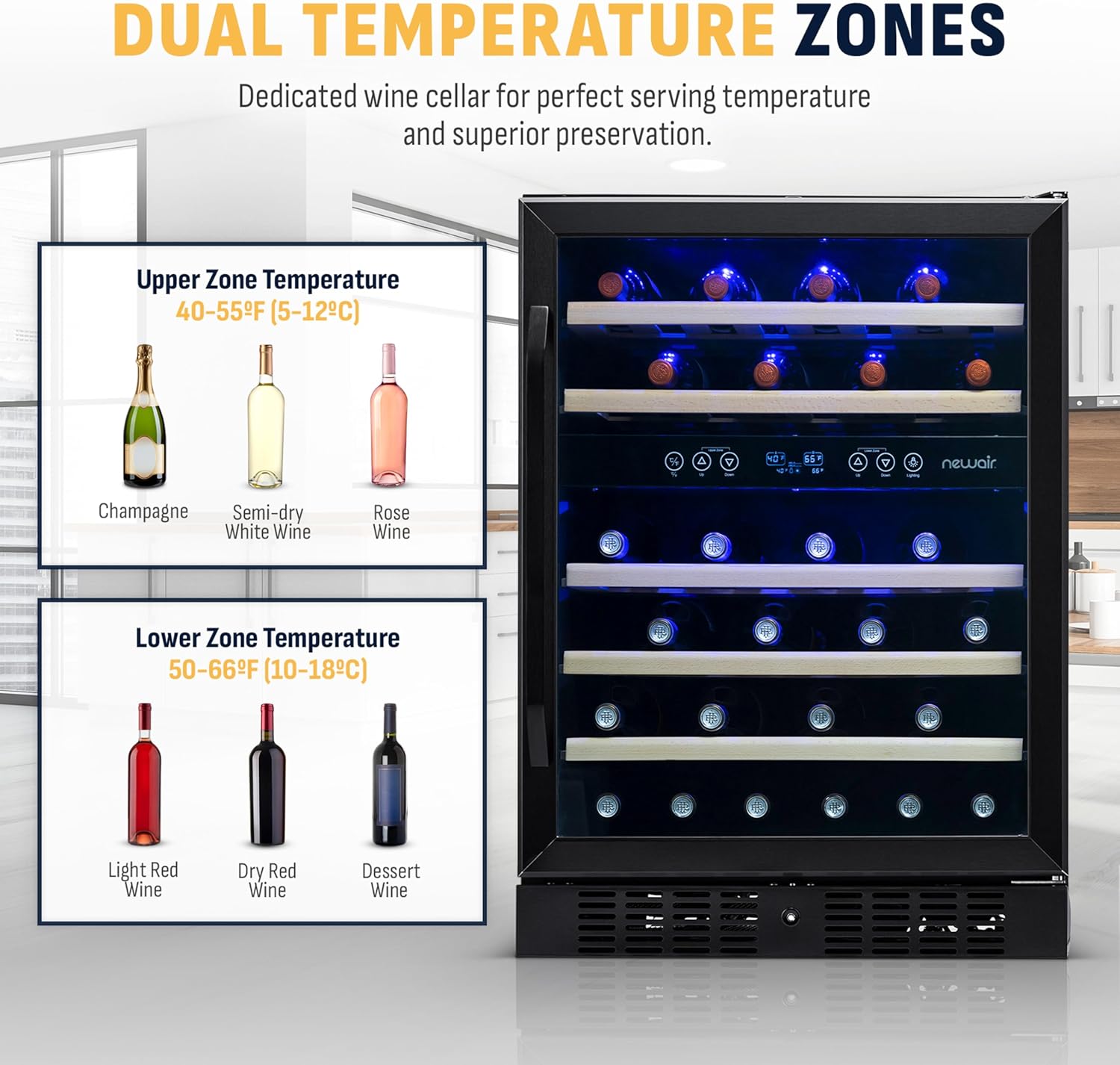 NewAir 24" Dual Zone Wine Fridge for 46 Bottles | Built-In or Freestanding Wine Cooler Refrigerator with Glass Door | Quiet Cooling & Adjustable Shelves for Red and White Wine | Black Stainless Steel