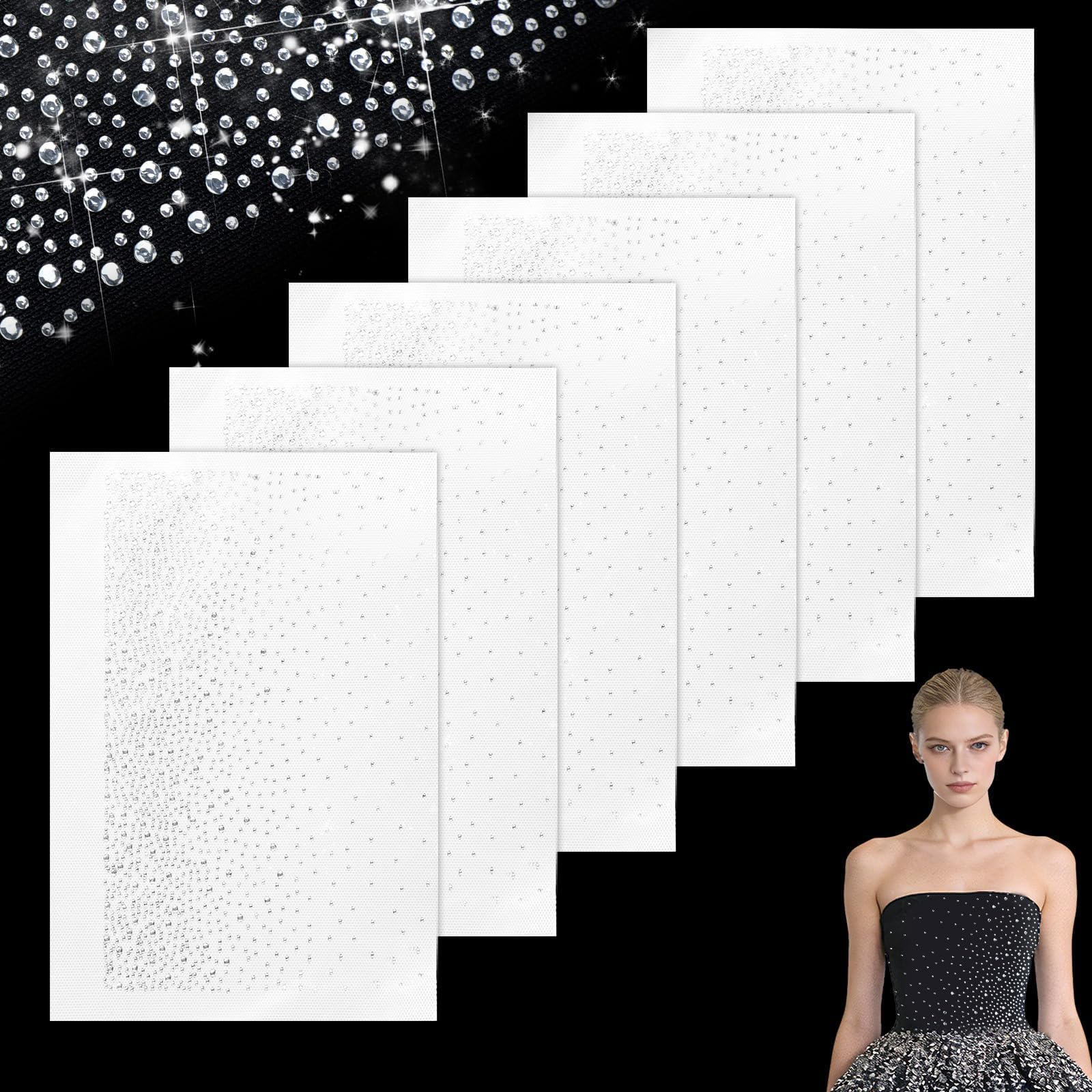 6 Sheets Iron On Rhinestone Sheets, 1.5mm & 3mm Heat Transfer Rhinestone Sheet for Clothing, Flat Round Iron On Rhinestones Decals Patches for Women DIY Crafts, Clothing Wedding Dress Embellishment