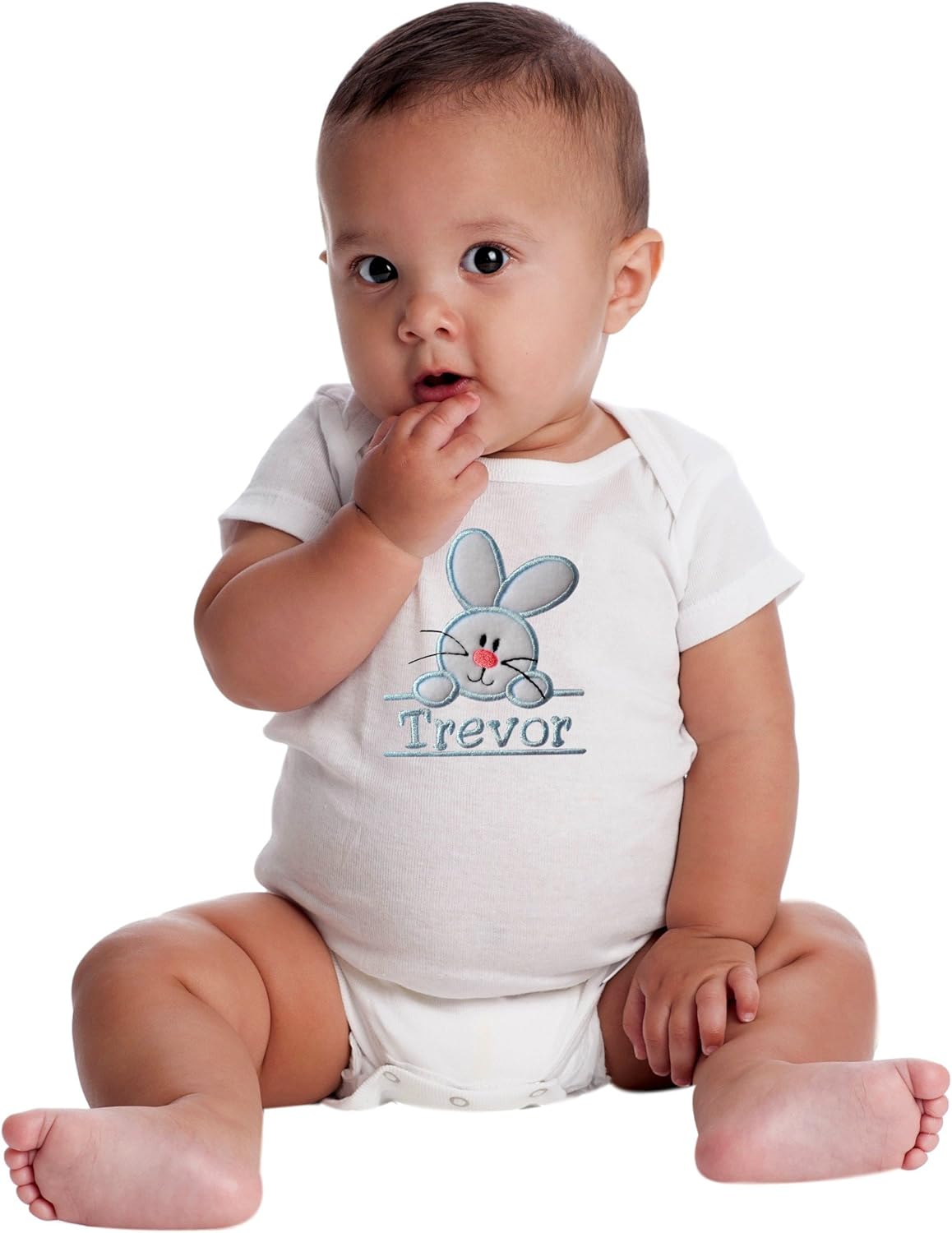 Funny Girl Designs Embroidered EASTER Bunny Bodysuit for Baby BOYS - Your Custom Name (Beanie Hat not included)