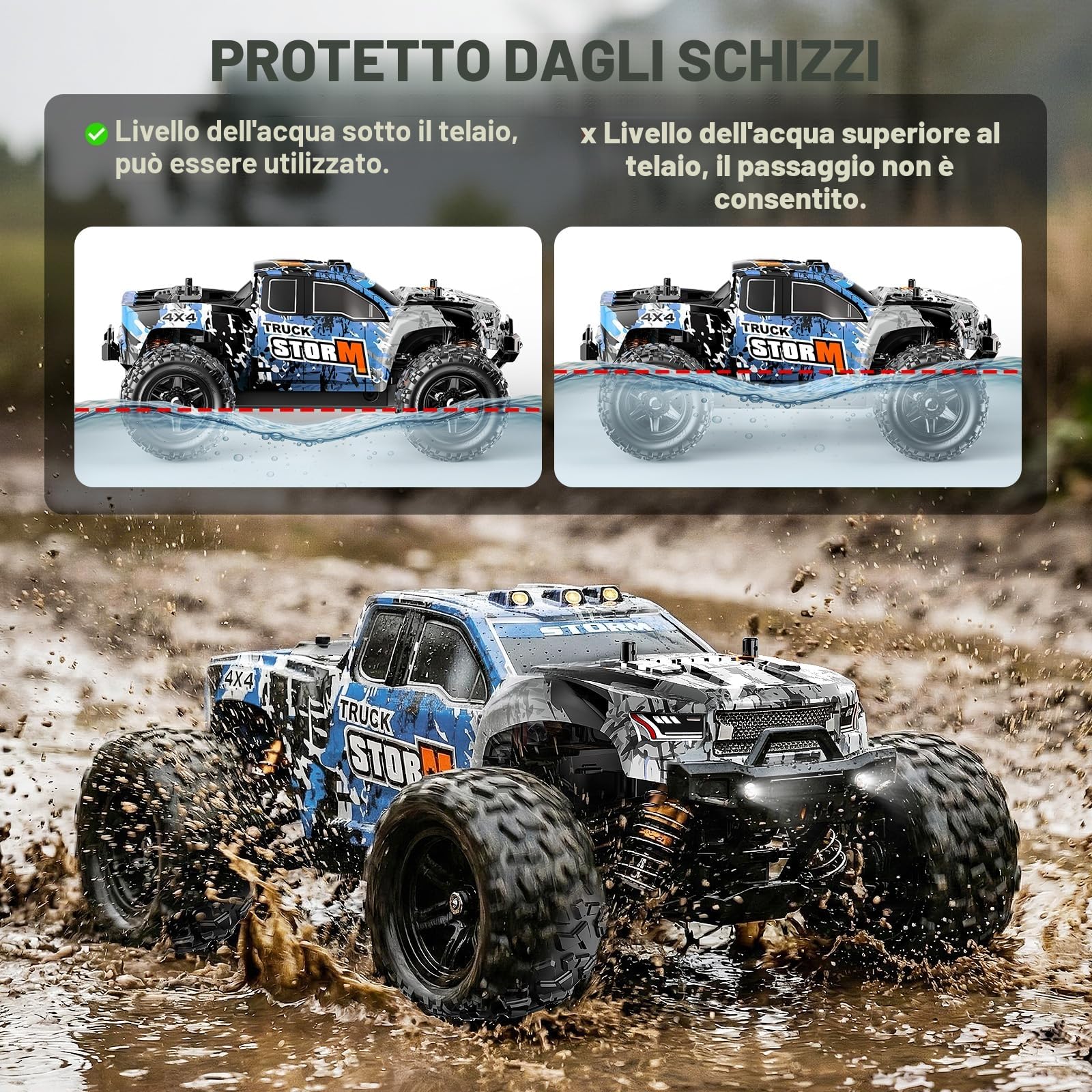 Macchina telecomandata professionale Adulti e Ragazzi 1:18 4x4 RC 36 km/h, auto radiocomandata fuoristrada da esterno, resistente agli spruzzi, con Trasmissione in Metallo e 2 Batterie