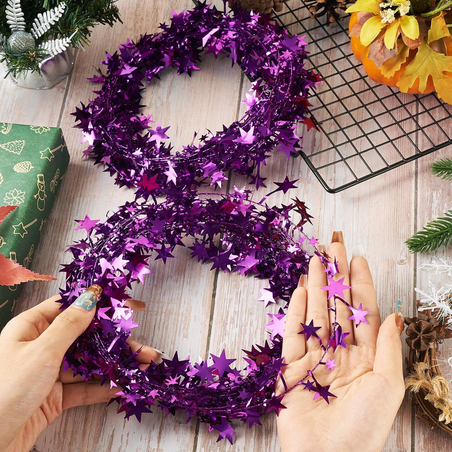 49.2 FT Star Tinsel Garlands for Christmas Purple Star Wire Tinsel Garlands with Wire Glitter Xmas Tree Hanging Decorations for Party Holiday Wedding Birthday Tree Wall Rail