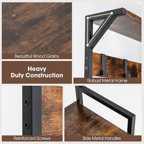 Miniatura 5 de Tangkula Árbol de pasillo con banco y almacenamiento de zapatos, banco de entrada industrial 3 en 1 con perchero, 9 ganchos extraíbles, marco de