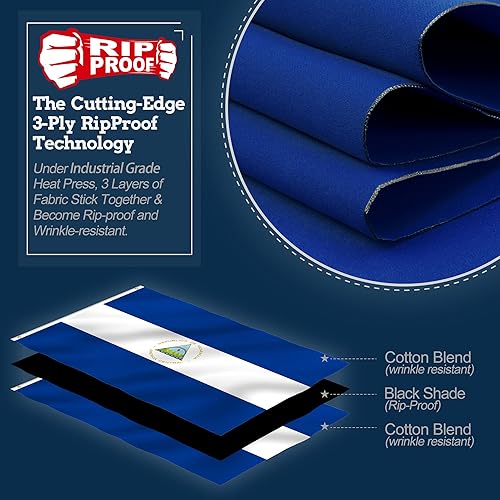 Miniatura 2 de Anley Bandera de Nicaragua de 3 capas de doble cara a prueba de rasgaduras de 3 x 5 pies, color vivo, cabecera de lona y resistente a las arrugas,
