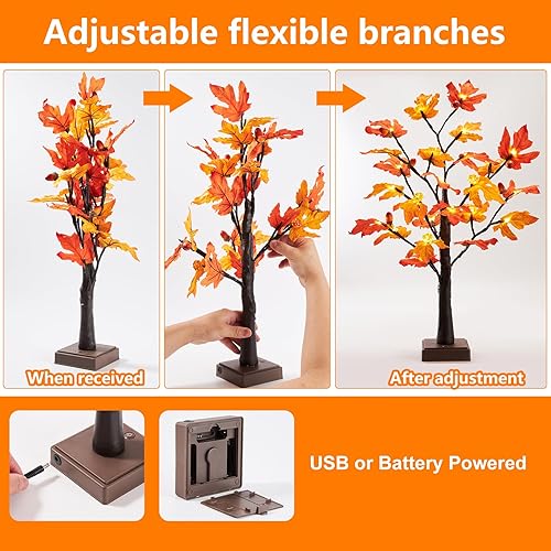 Miniatura 4 de Fall Decor - Paquete de 2 luces de árbol de arce de 24 pulgadas, 48 luces LED de otoño con calabazas y bellotas, temporizador, USB y funciona con