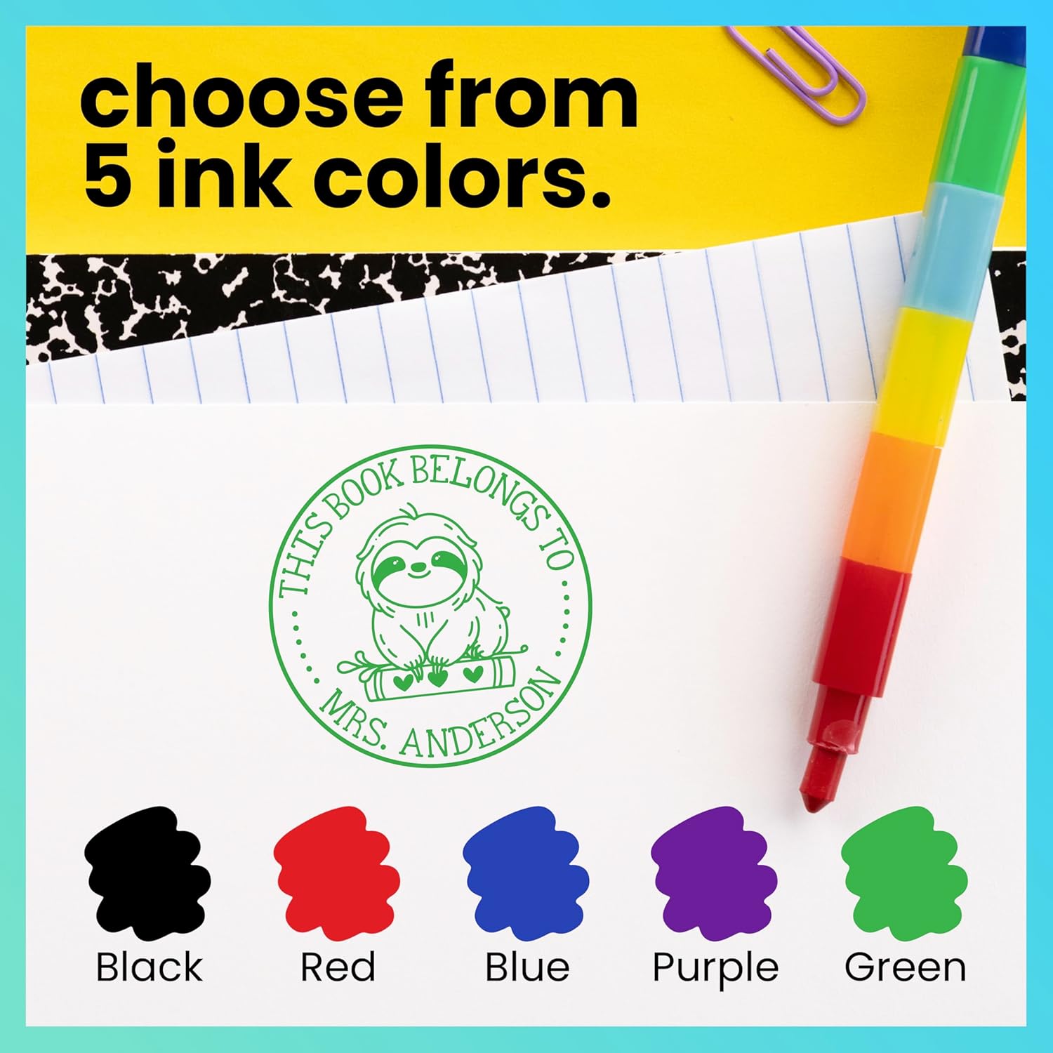 ExcelMark Personalized Teacher Book Stamps - Available in 39 Designs and 5 Color Options (Sloth Book Buddy)