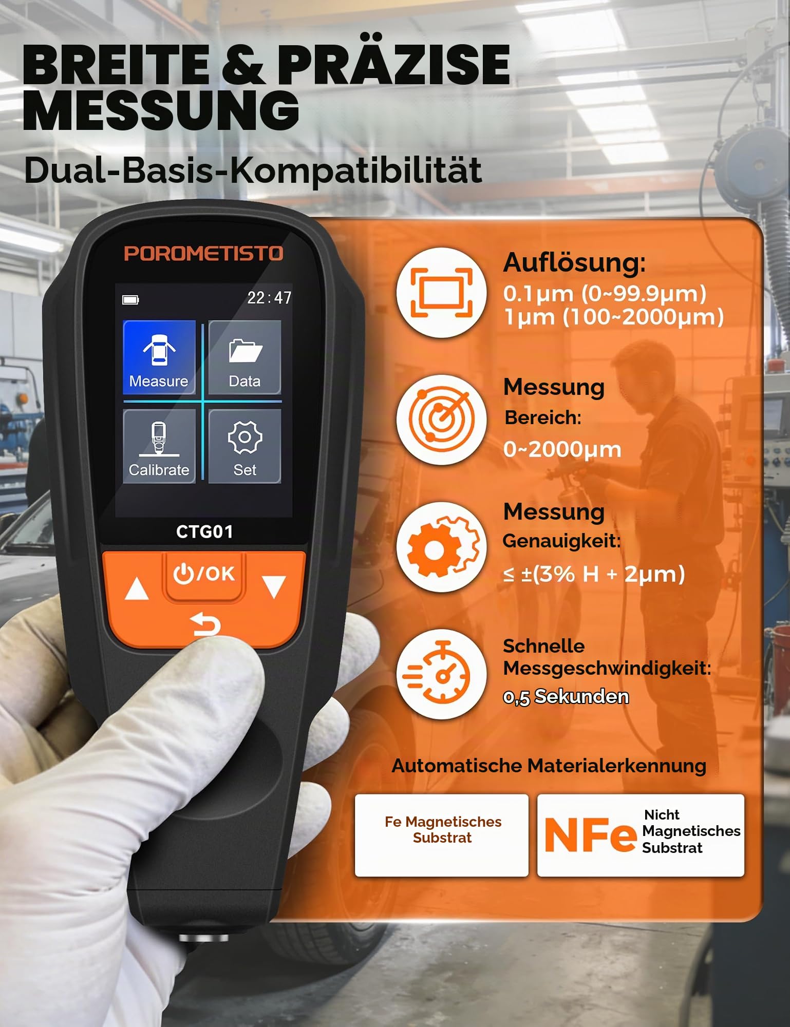 Lackdickenmessgerät Auto 0–2000μm – Fe/NFe Auto-Erkennung für Stahl & Alu