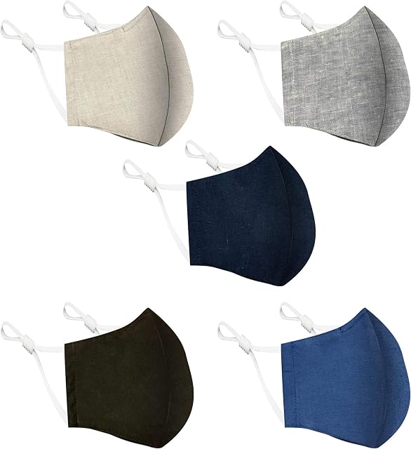 Cotton Linen Face Mask 5 Pack | Handmade in UK Washable Reusable with Nose Wire | Filter Pocket | Adjustable Ear Loops | 3 Layers Cloth Face Masks for Women Men | Solid Colours