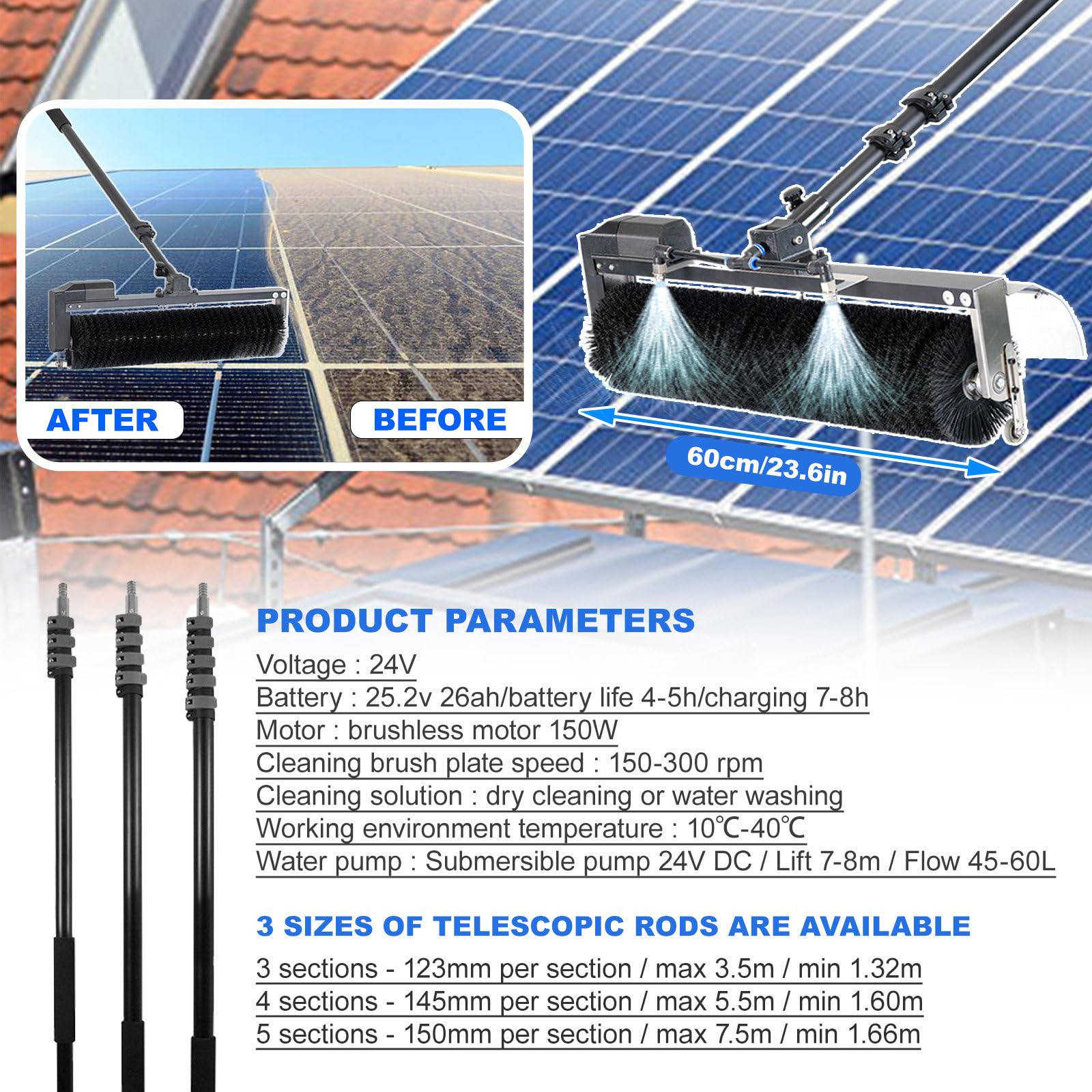 Kit Pértiga Limpieza Automática 3,5-7,5m con Cepillo Giratorio 60cm y Pértiga Telescópica - Cepillo Eléctrico para Ventanas Exteriores con Manguera Extensible 10m,7.5m/24.6ft-Battery-version