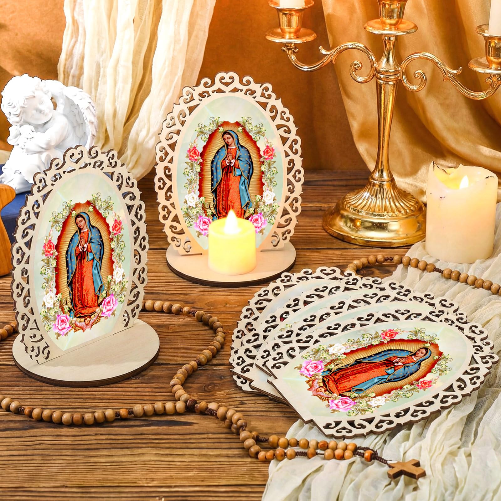 Soaoo Holzstatuen "Our Lady of Guadalupe", "Virgen De Guadalupe", Bilderrahmen, Taufgeschenke für Gäste, Taufaufaufaufaufsätze für Tisch, Erstkommunion, katholische Gastgeschenke, oval, 24 Stück