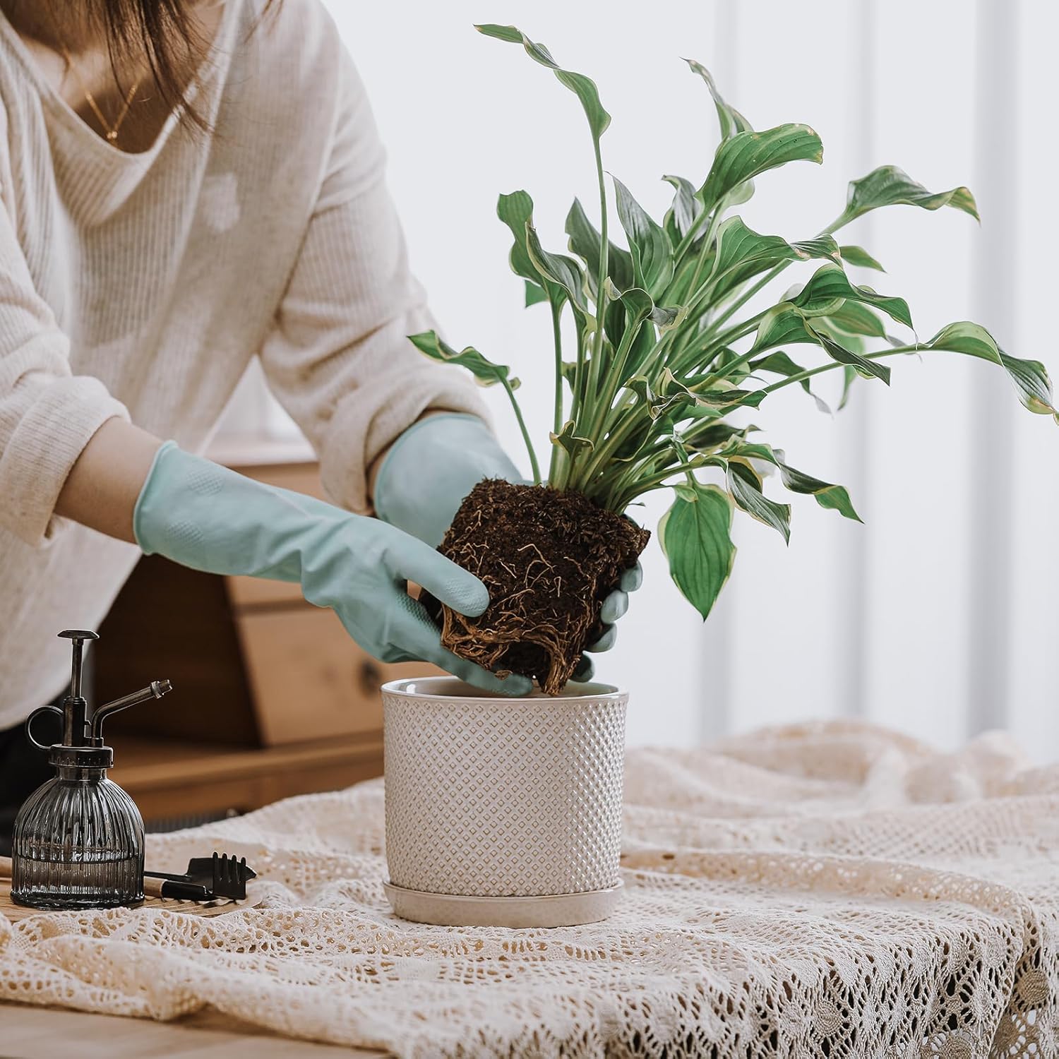 5.8 Inch Plant Pot: Ceramic Planter with Drainage Hole & Saucer for Indoor Outdoor Plants - Flowerpot with Bonded Tray for Home Office - Beaded Embossed Style, Cream White - Image 6