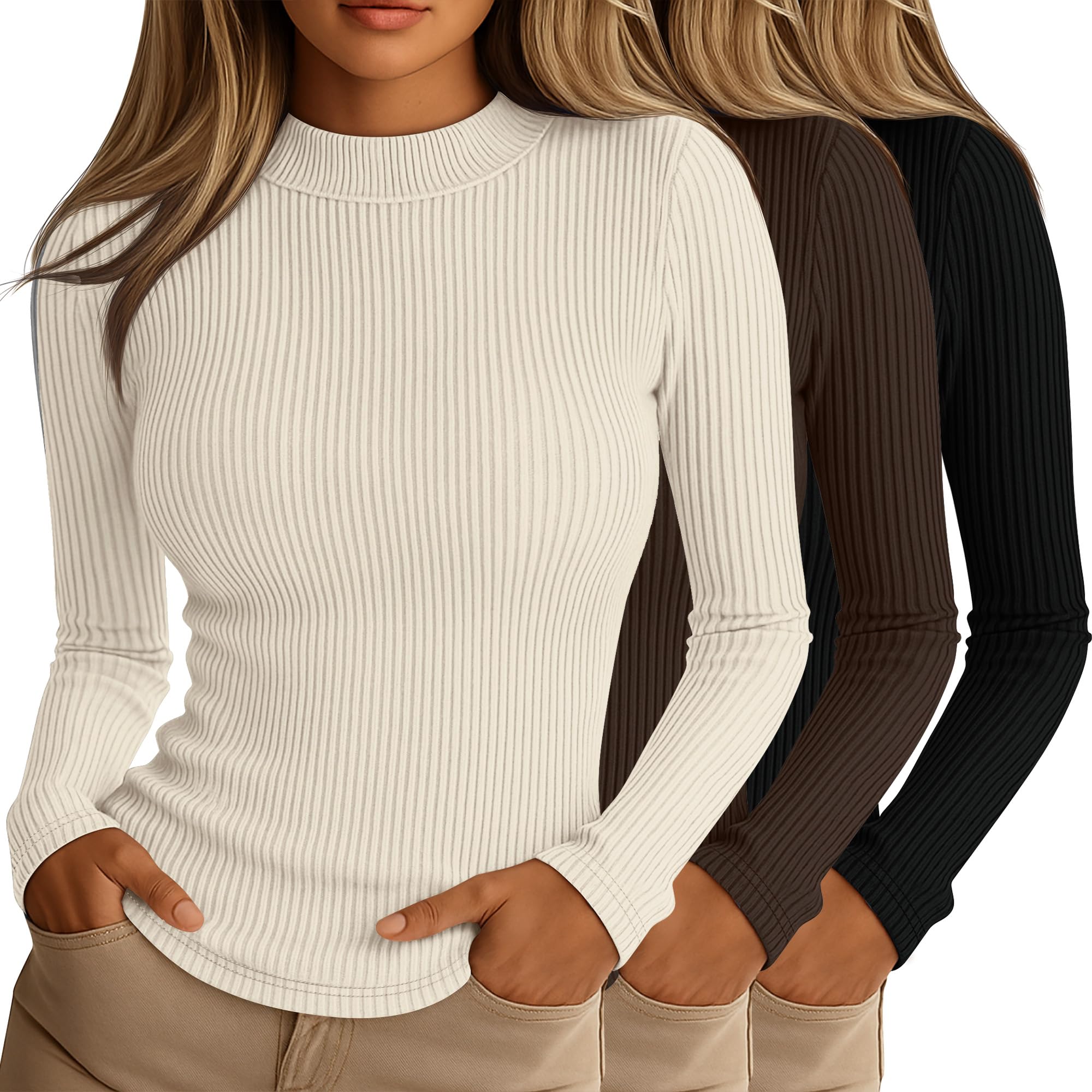 Photo 1 of Riyiper 3 Pack Women's Ribbed Shirts, Mock Turtleneck Long Sleeve Tops Slim Fitted Undershirts Casual Basic Layering Tees(Black, Cream, Dark Brown,Medium)