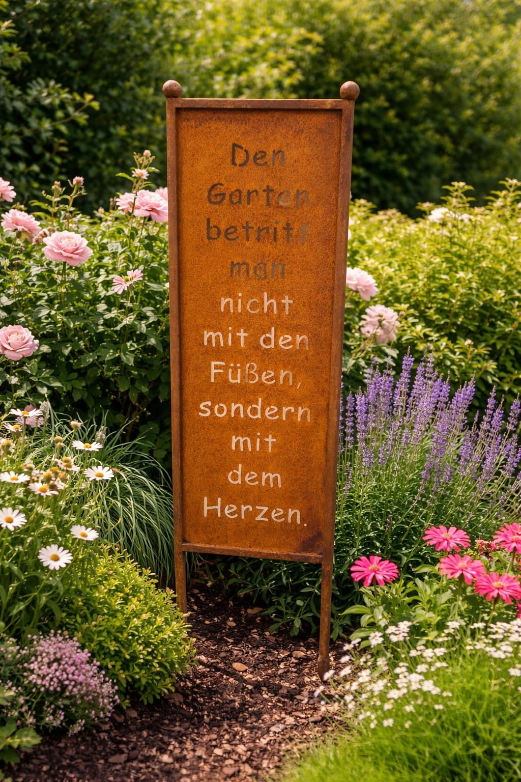 Cartel con texto en alemán "Den Garten betritt man nicht mit den Füßen, sondern mit dem Herz" zum Einstecken 115cm