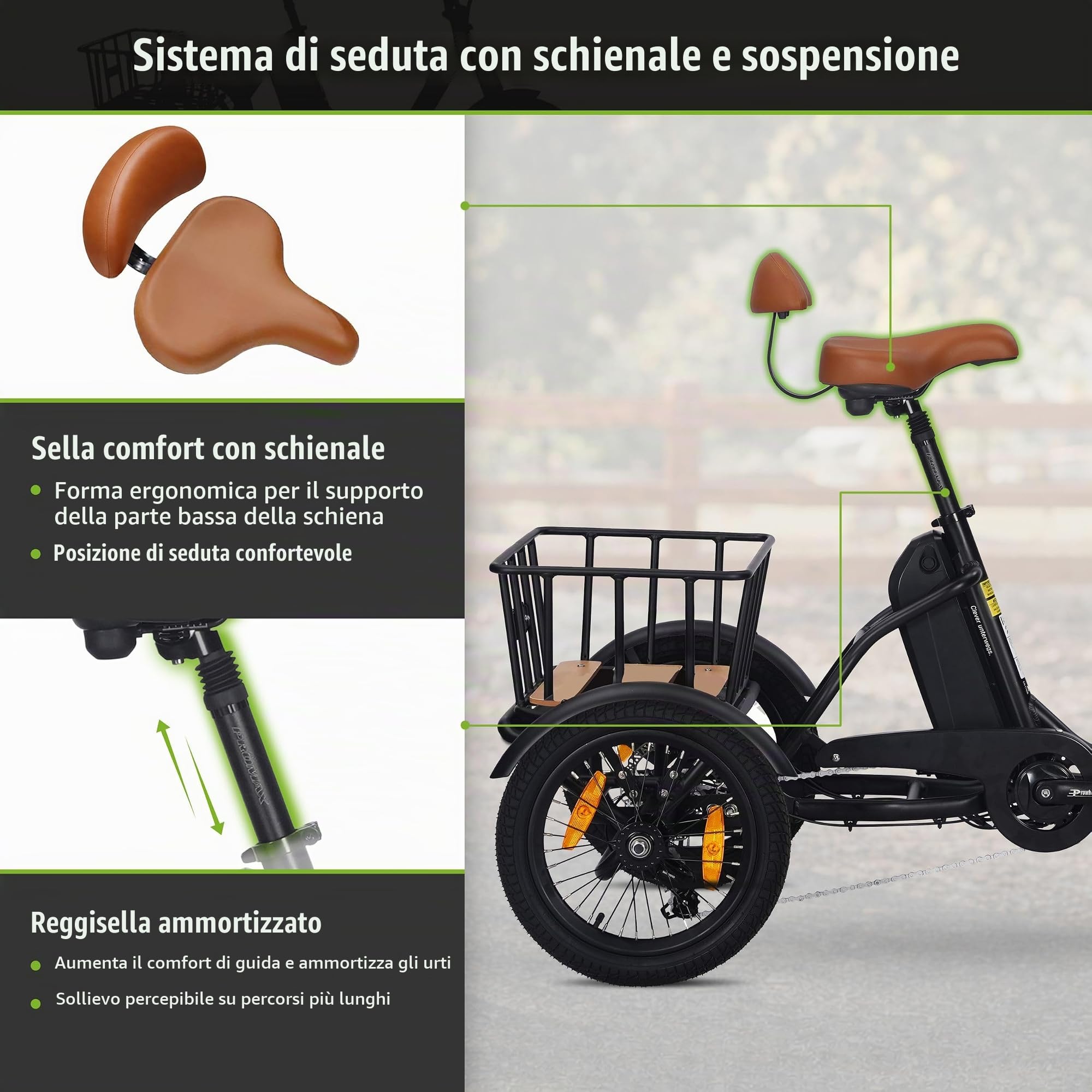 T6S Air Comfort Triciclo Elettrico per Anziani, 16" Bici Elettrica Pieghevole a 3 Ruote, assistenza alla spinta 6 km/h, luce posteriore con funzione freno integrata, per il tempo