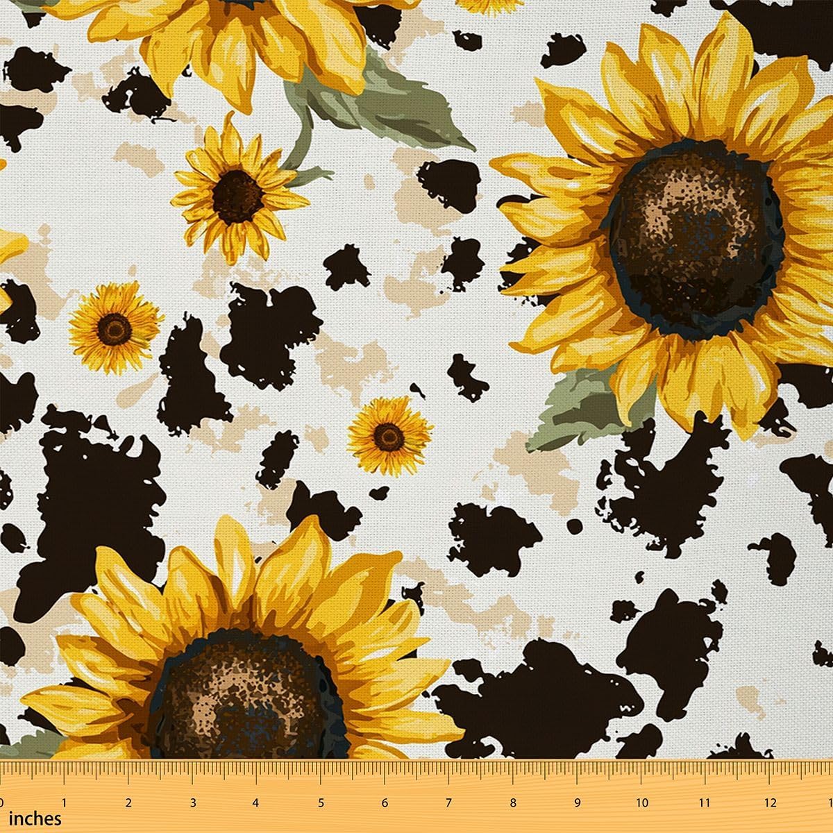 Sunflower Cow Upholstery Fabric, Rustic Cowhide Brown Fabric by The Yard, Yellow Floral Wildlife Farmhouse Cow Animal Pattern, Upholstery and Home Accents 3 Yards